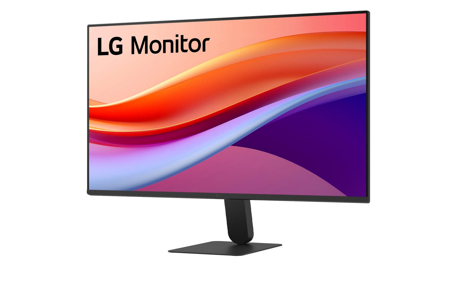Egy LG monitor színes háttérképpel áll egy fekete állványon.