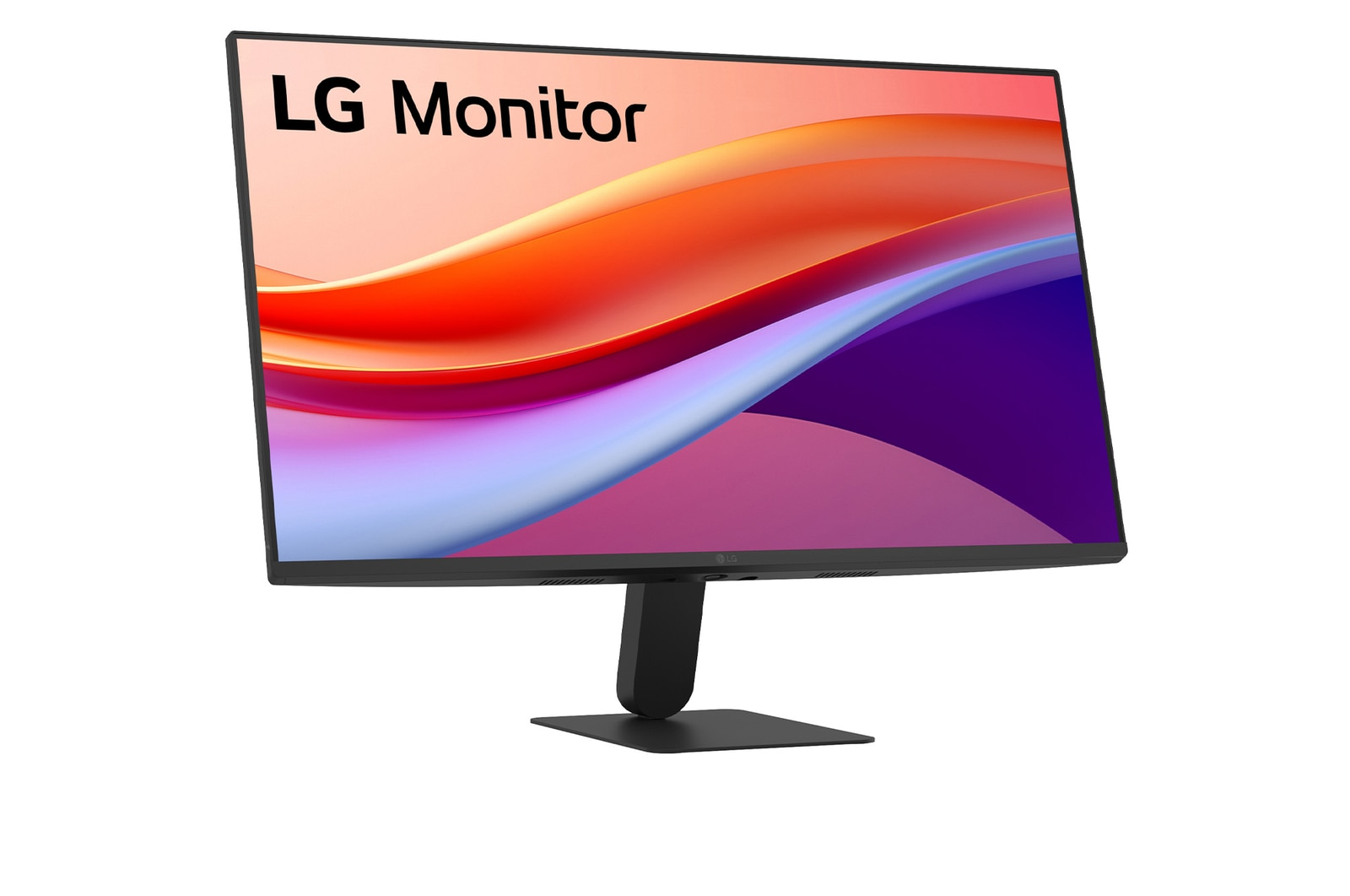 Egy fekete LG monitor színes háttérképet jelenít meg, bal felső sarokban logóval.