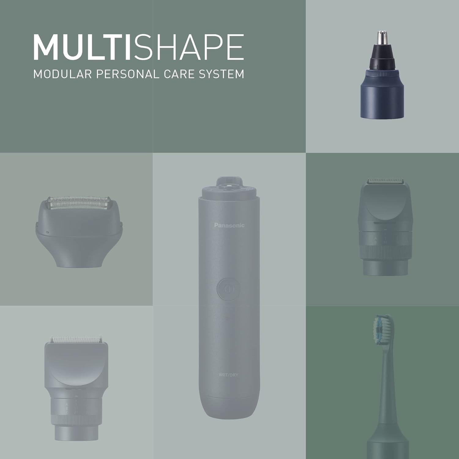 Panasonic Multishape con accessori: rifinitore naso, testina rasoio, pettine, spazzolino.