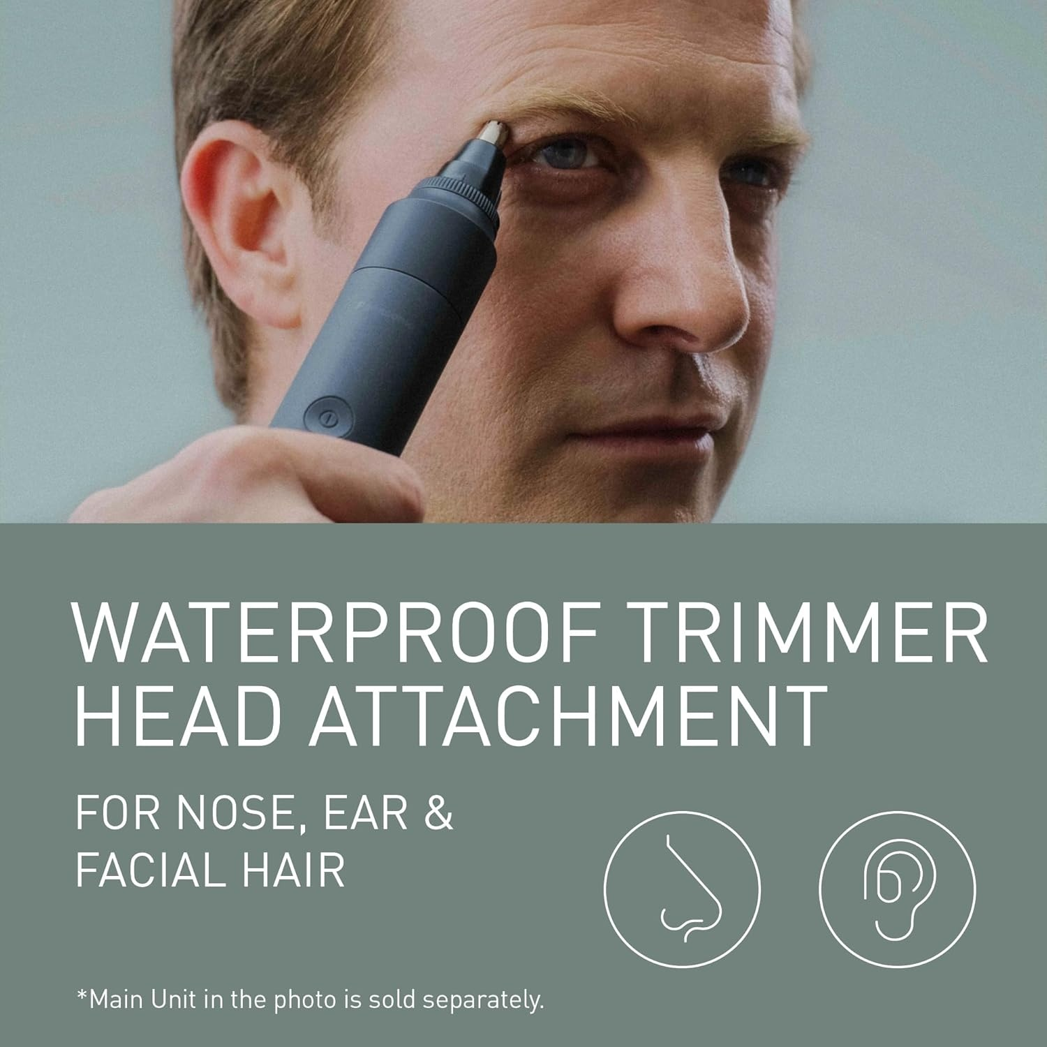 Uomo usa accessorio rifinitore naso e orecchie. "Waterproof Trimmer Head Attachment".