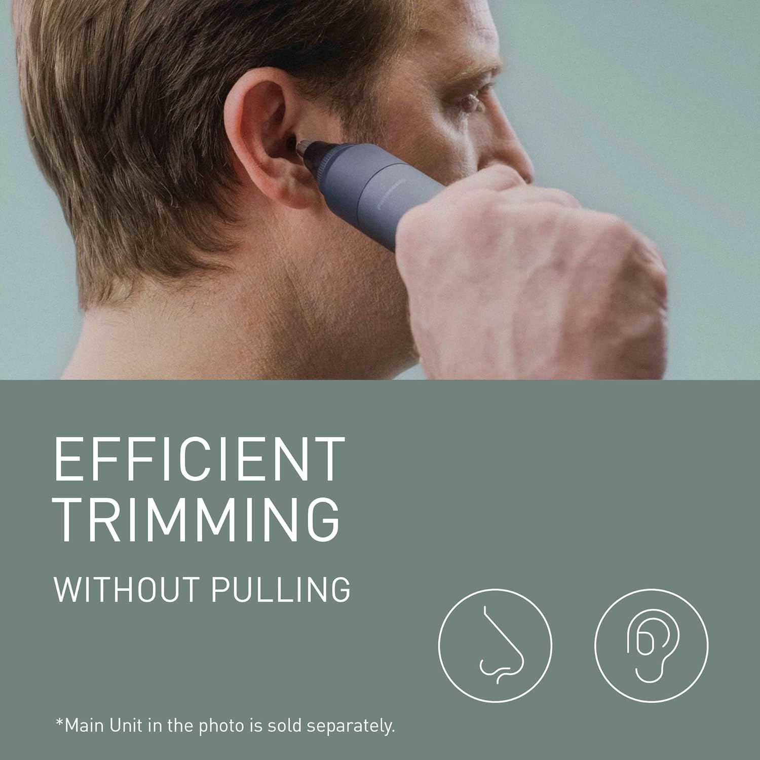 Uomo usa trimmer nell'orecchio. Testo: Rifinitura efficiente senza tirare.