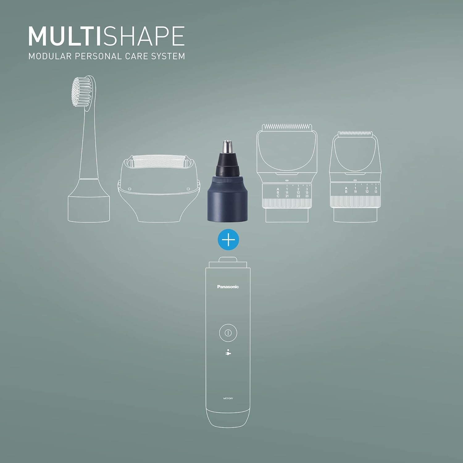 Sistema Panasonic Multishape con accessori: spazzolino, tagliabasette, tagliacapelli.