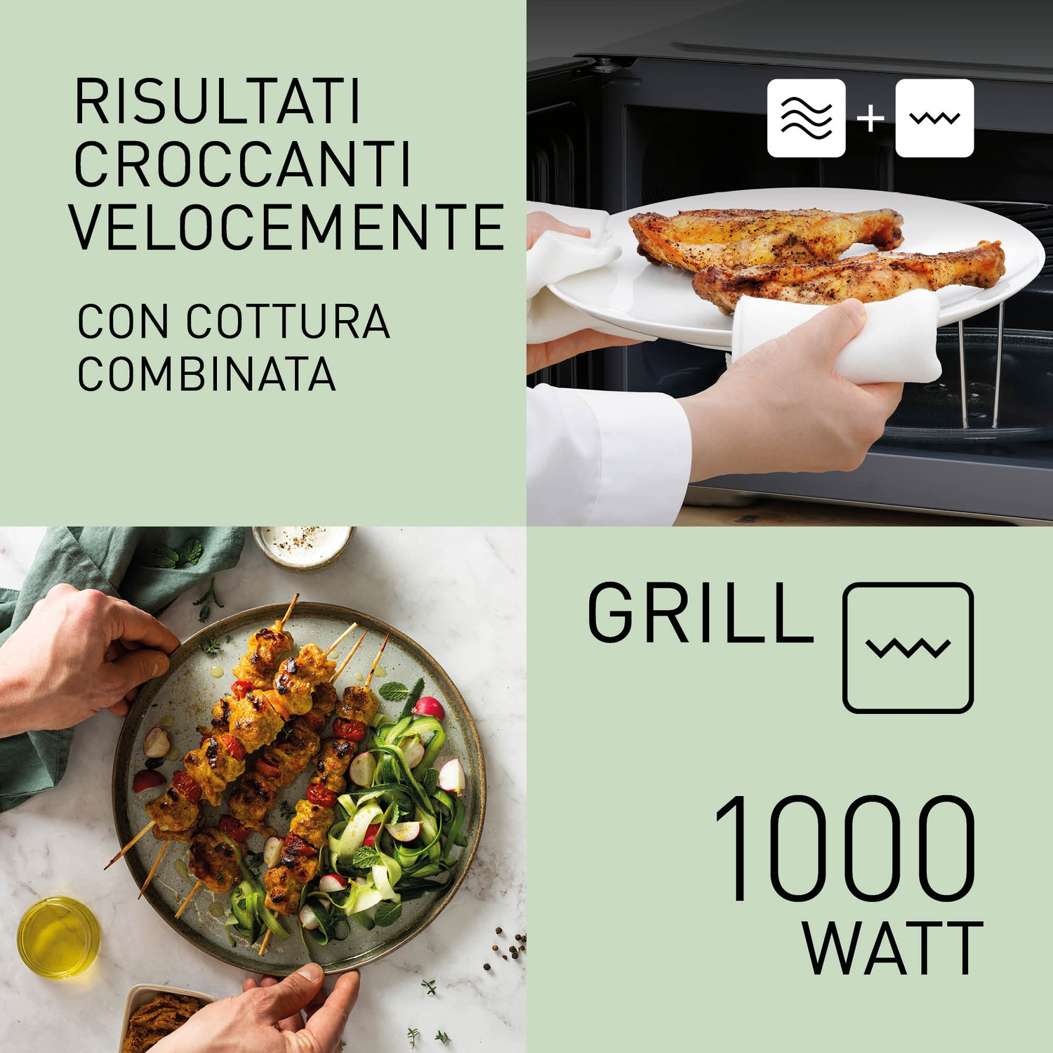 Risultati croccanti veloci con cottura combinata. Cosce di pollo e spiedini.