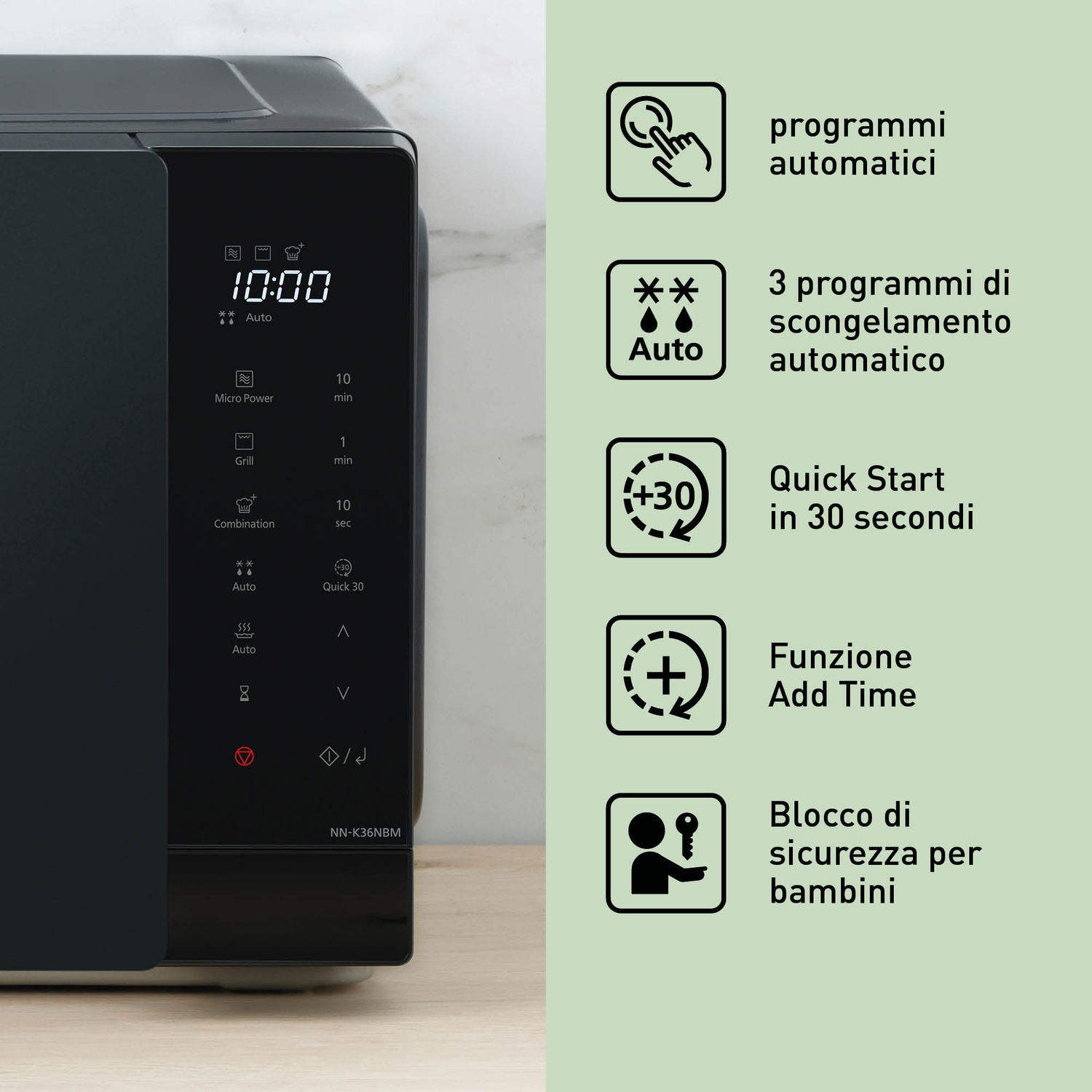 Un microonde nero con controlli digitali e icone delle funzioni.
