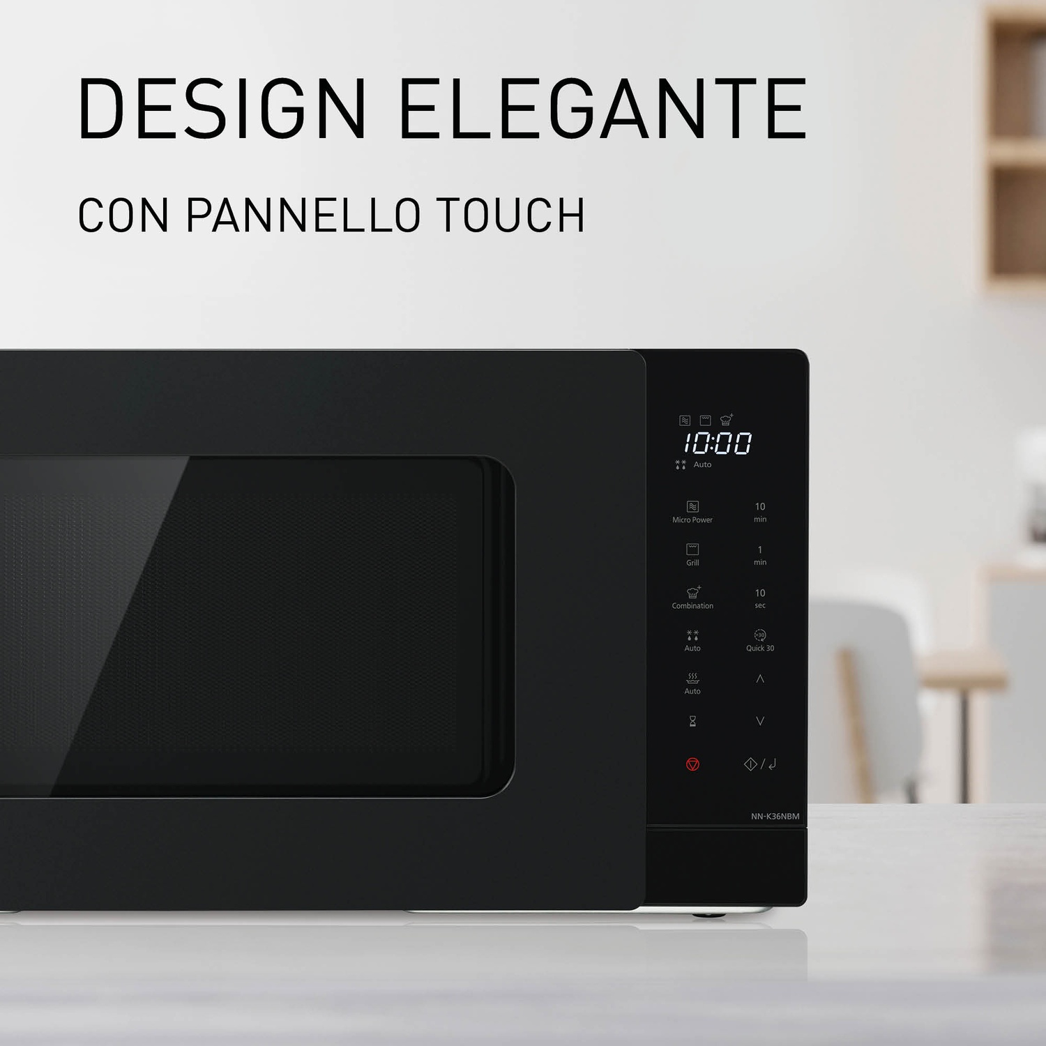 Forno a microonde nero con pannello touch e orologio digitale che mostra 10:00.