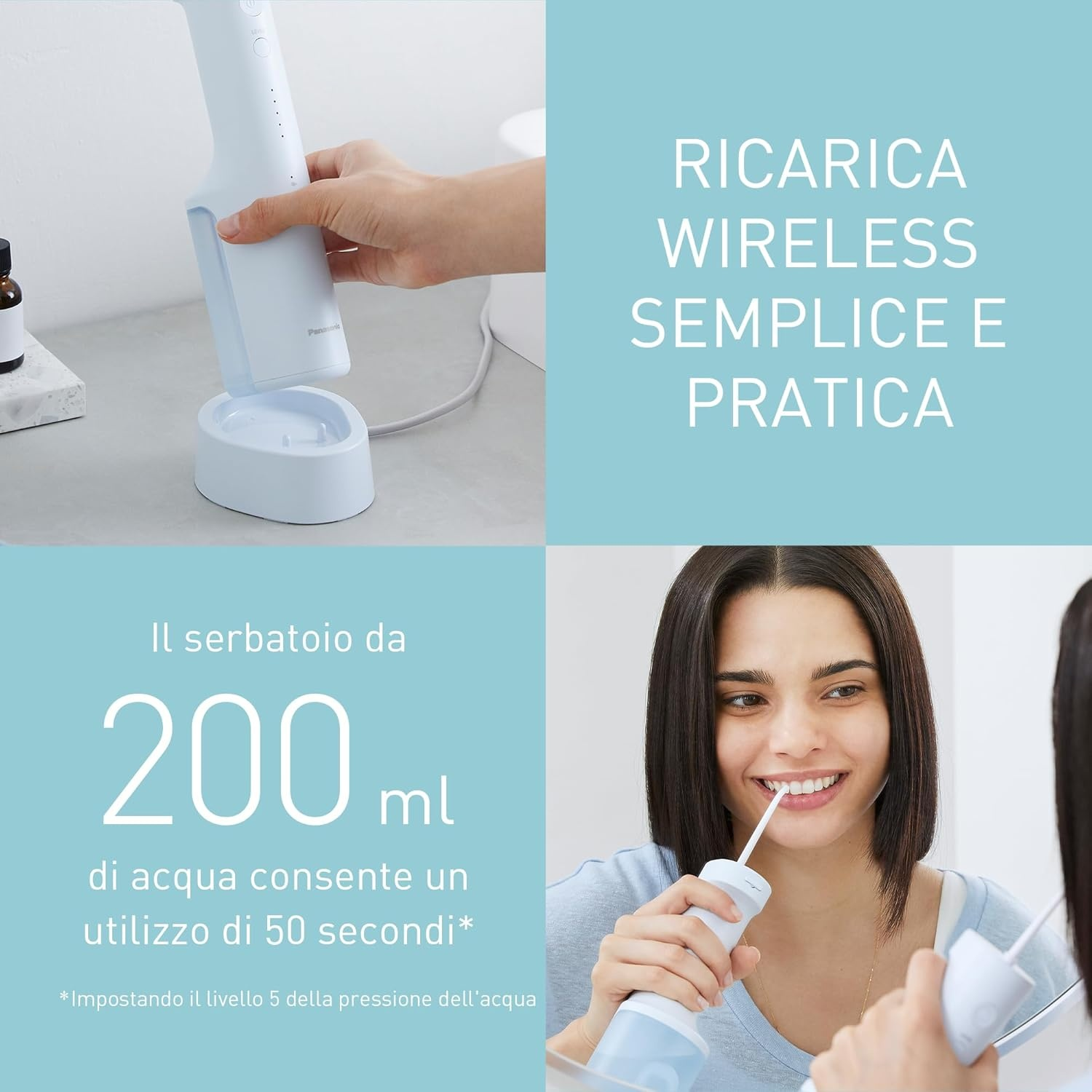 Una donna usa un idropulsori dentale senza fili davanti a uno specchio. Una mano lo mette in carica.