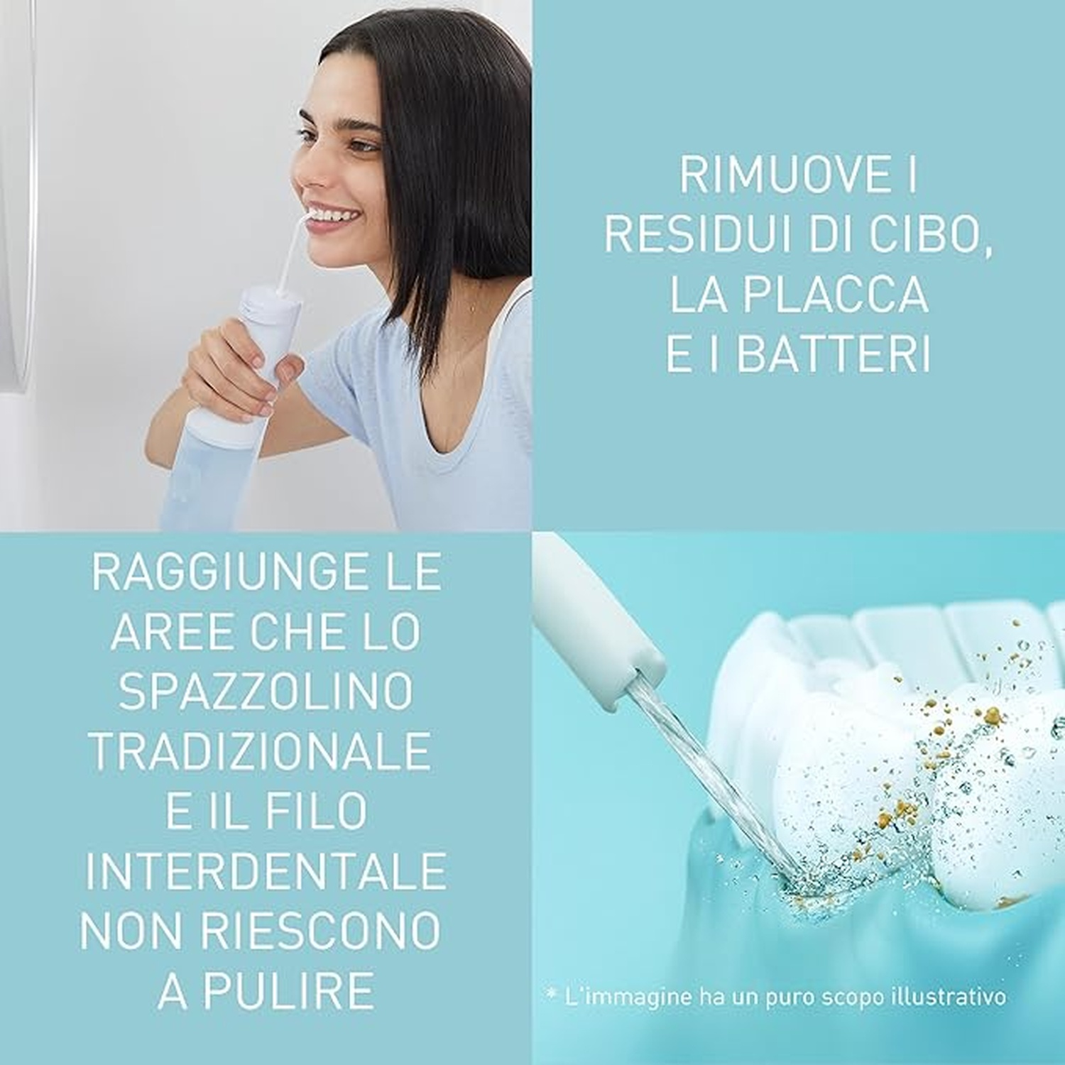 Una donna usa un idropulsore, getto d'acqua pulisce i denti.
