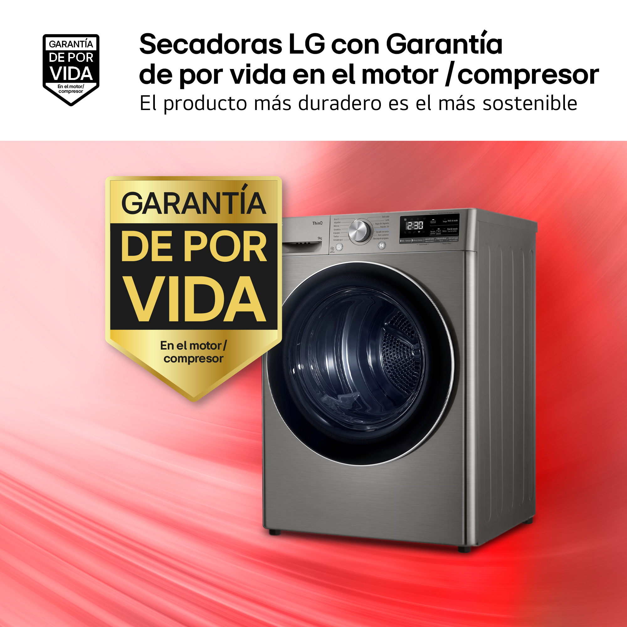 Secadora LG gris con garantía de por vida en motor/compresor.