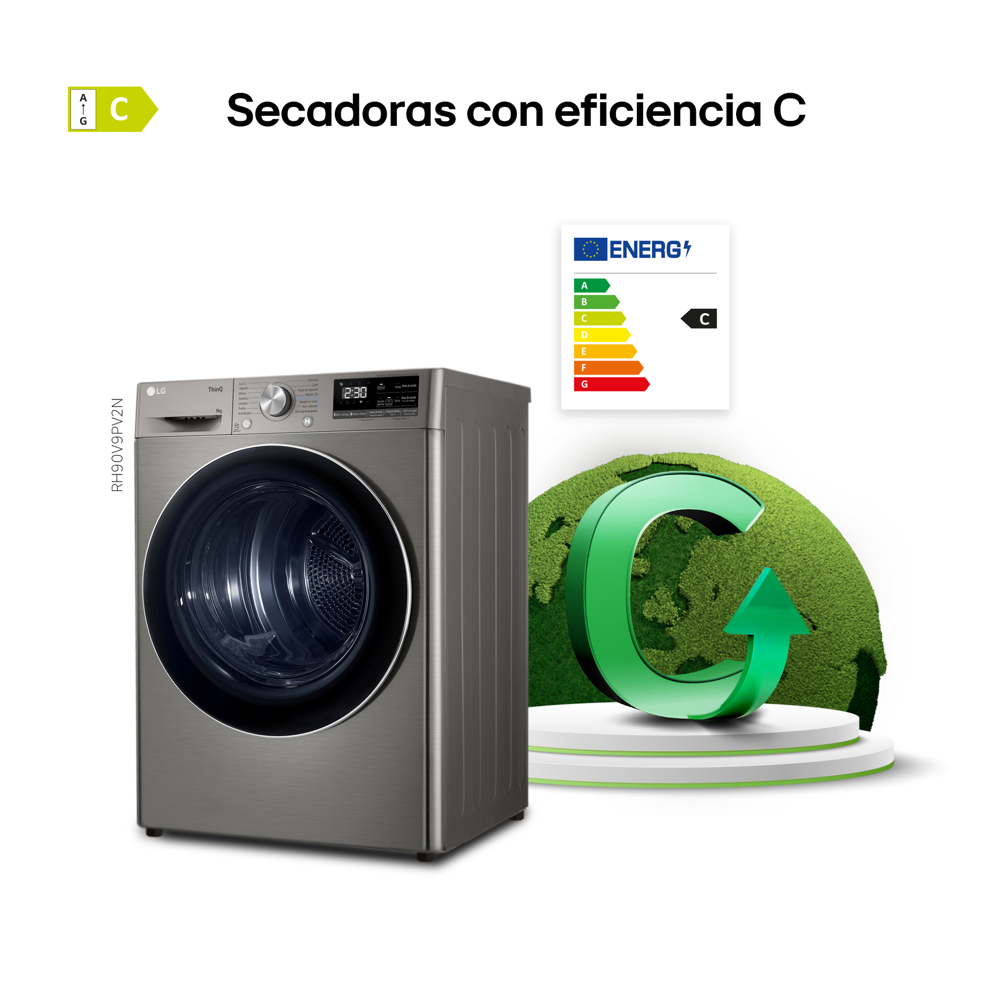 Una secadora LG gris con eficiencia energética C. Al lado, un símbolo del planeta Tierra.