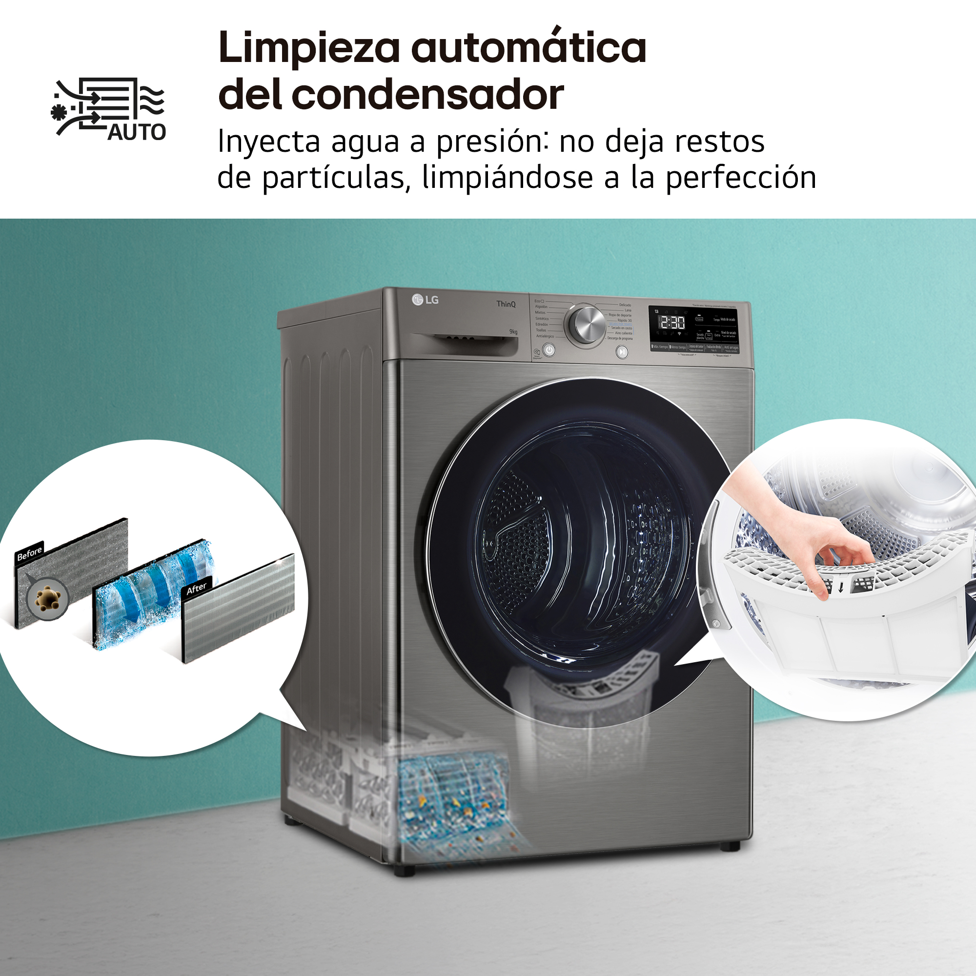 Secadora LG gris con limpieza automática del condensador. Muestra filtro antes/después.
