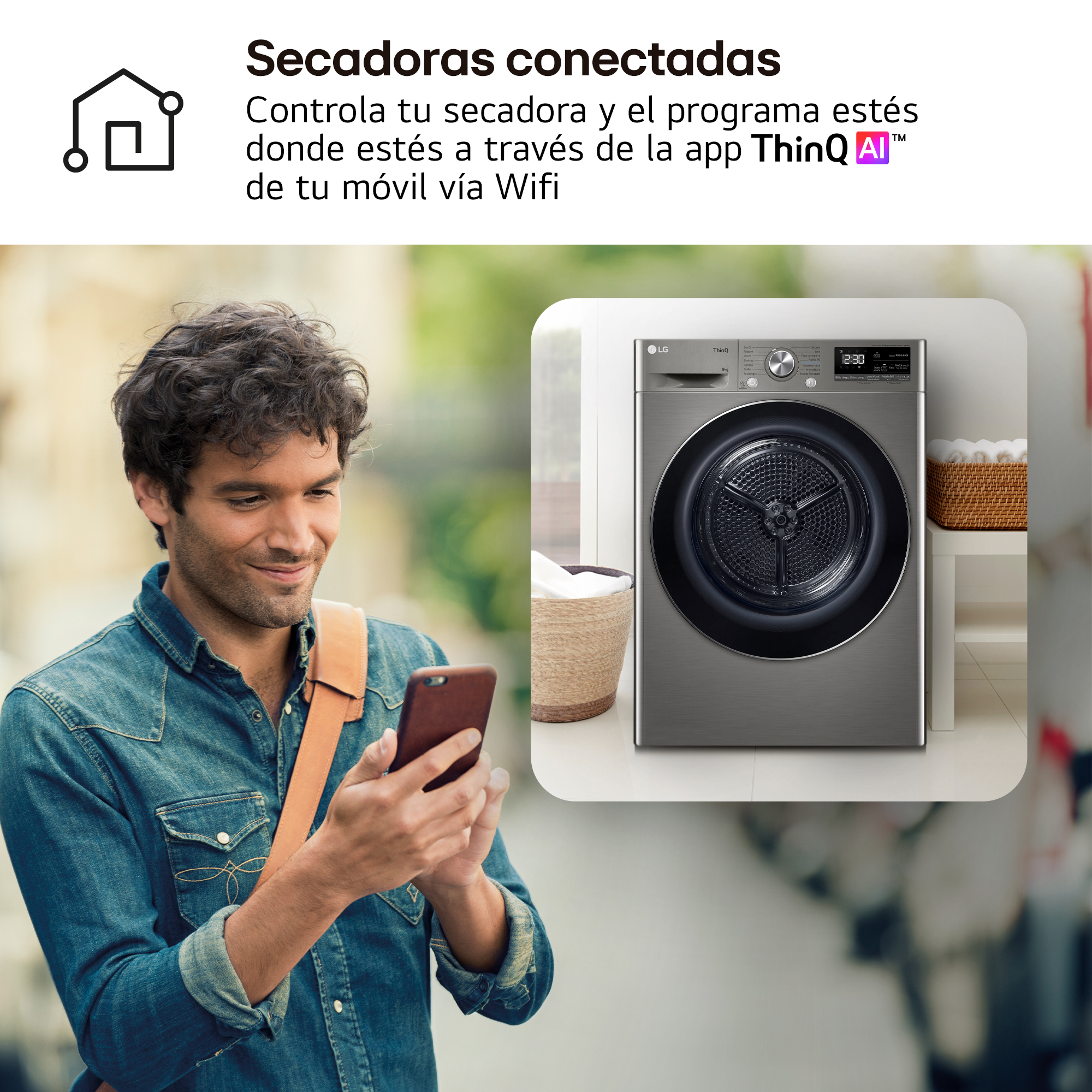 Hombre con móvil delante de secadora LG. Control inteligente.
