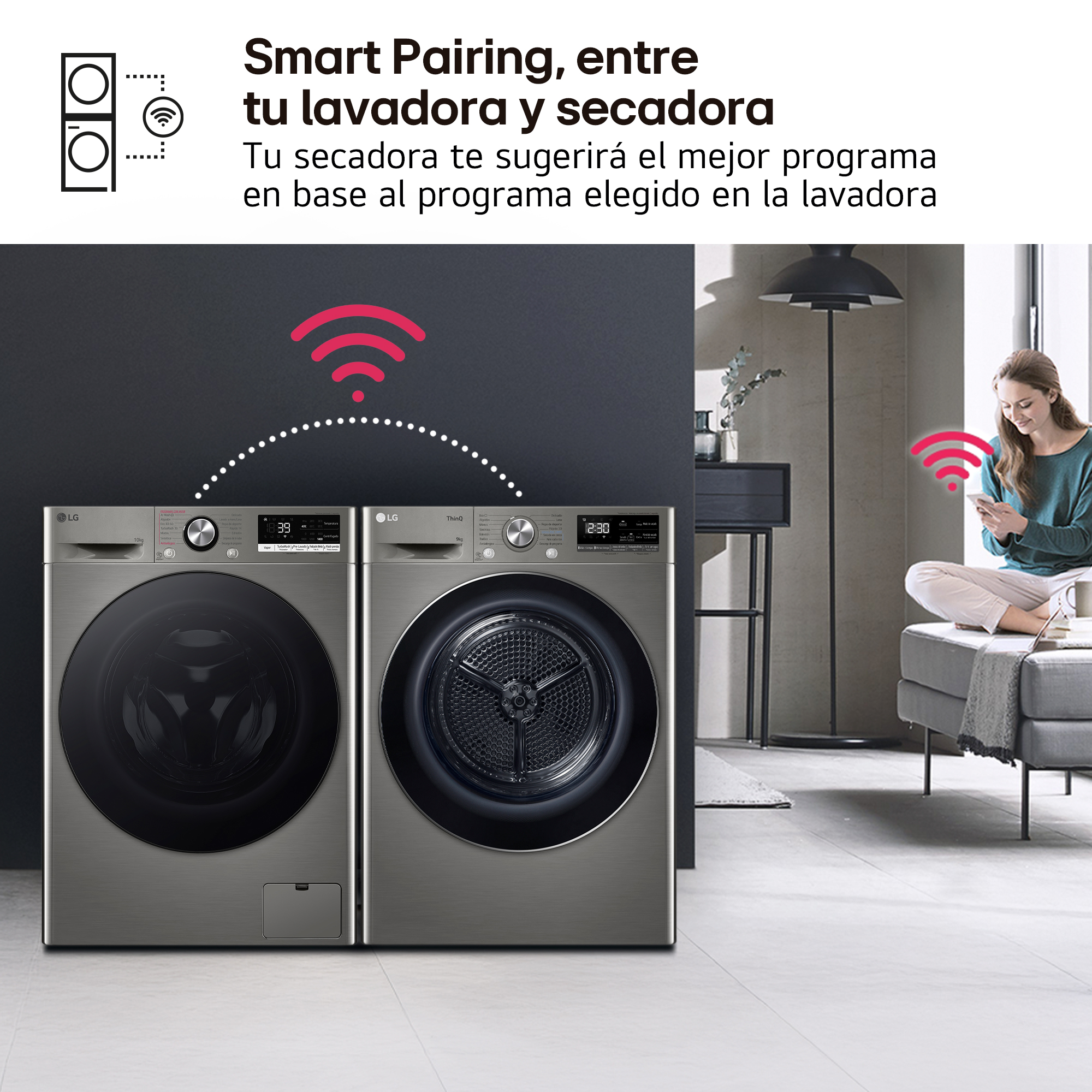 Lavadora y secadora LG conectadas por WiFi. Una mujer usa su teléfono.