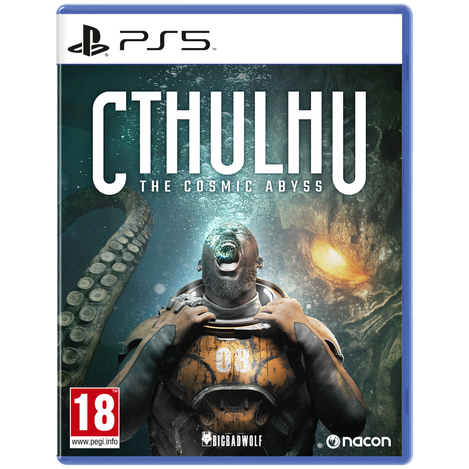 PS5 game cover: Duiker met tentakelachtig wezen en gloeiende ogen in donker water.