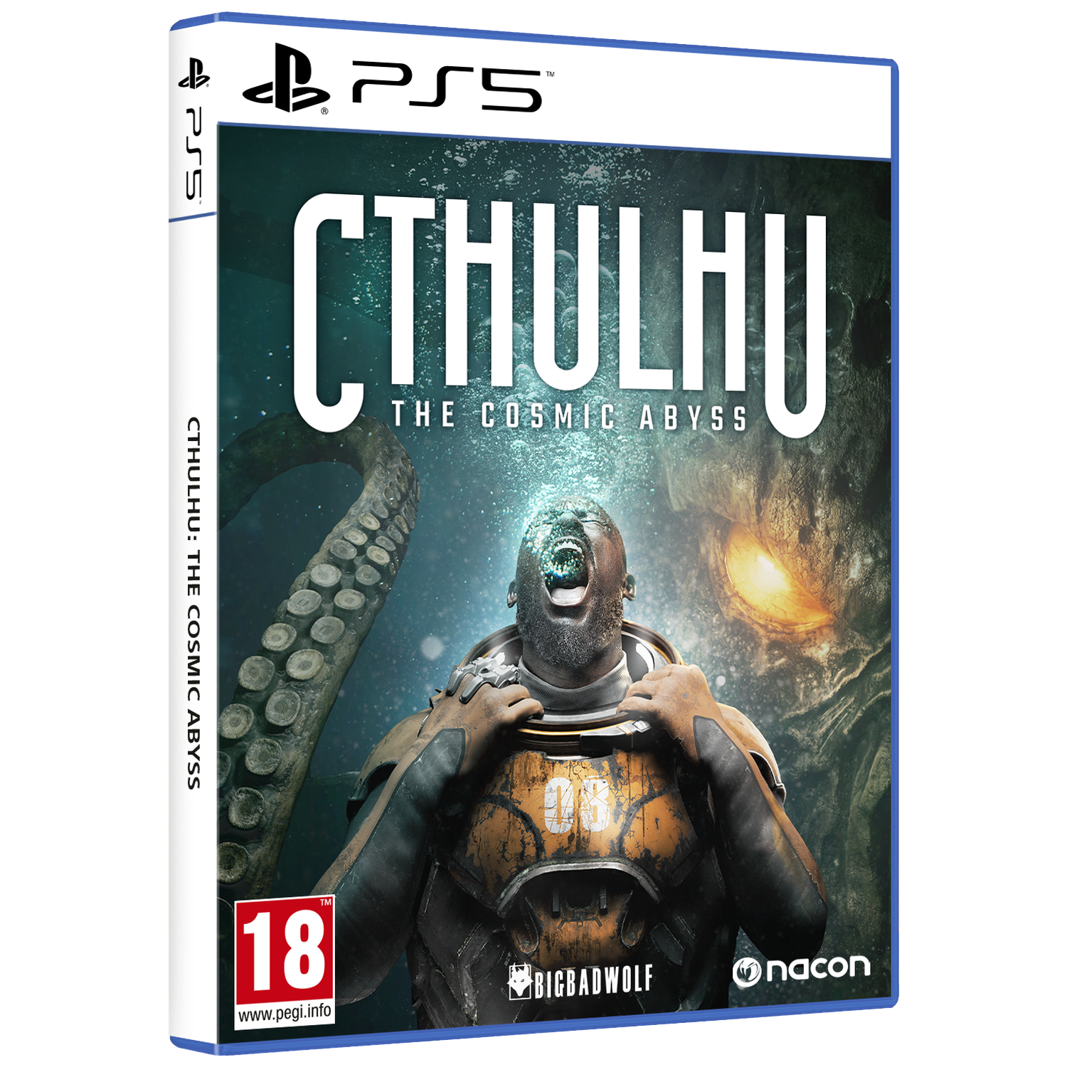 PS5 gamecover: Cthulhu in ruimtepak kijkt naar tentakel en gloeiend oog.