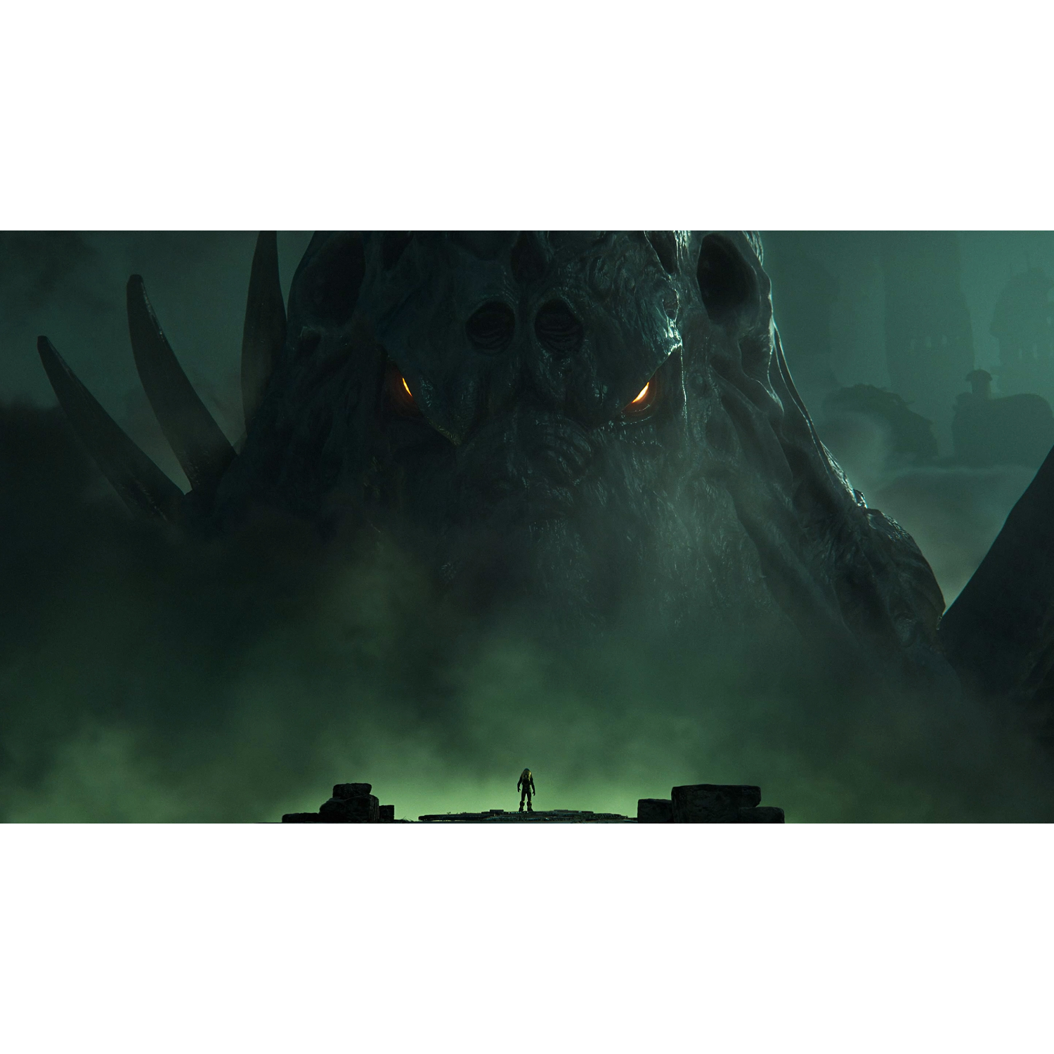 Een klein persoon staat voor een gigantisch donker monster met gloeiende ogen.