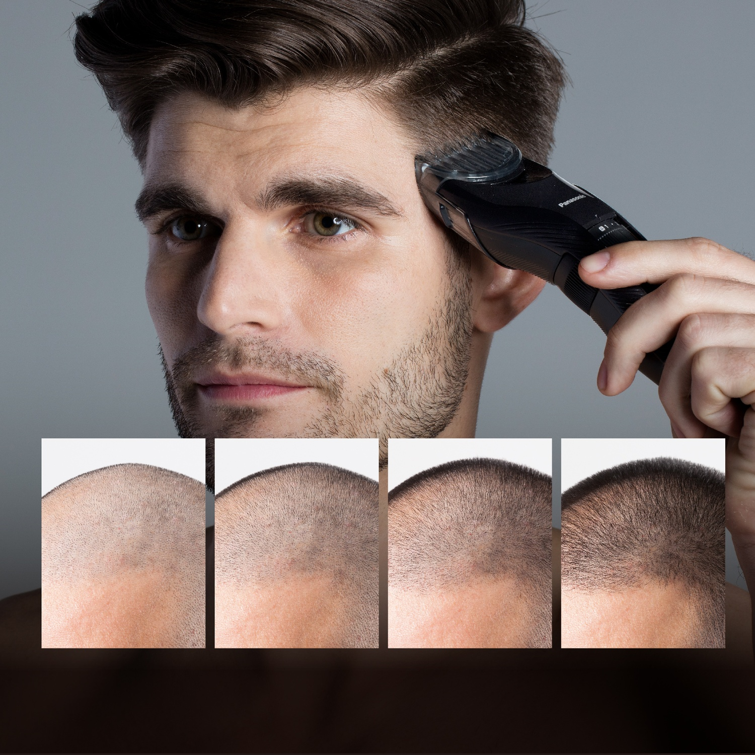 Uomo si taglia i capelli con un tagliacapelli nero. Quattro dettagli mostrano diverse lunghezze di capelli.