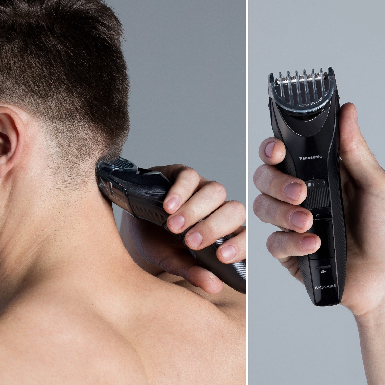 Primo piano di un uomo che si rade il collo con un rifinitore nero Panasonic.