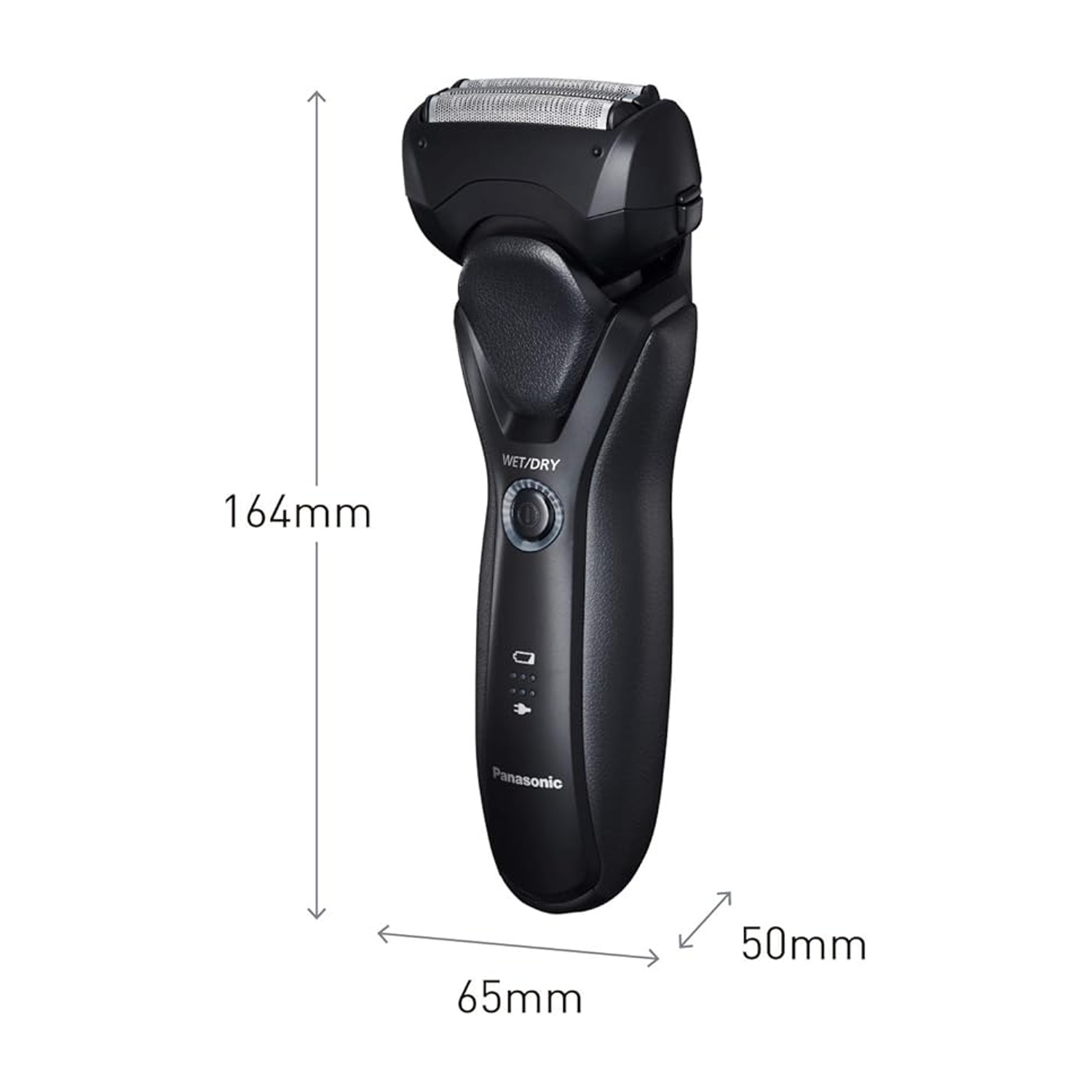 Rasoio Panasonic nero con funzione Wet/Dry e indicatore di carica.