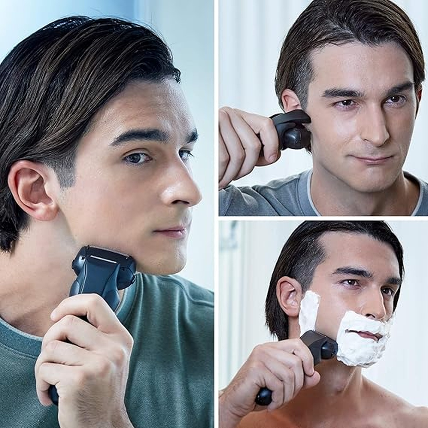 Uomo si rade con rasoio elettrico, con e senza schiuma da barba.
