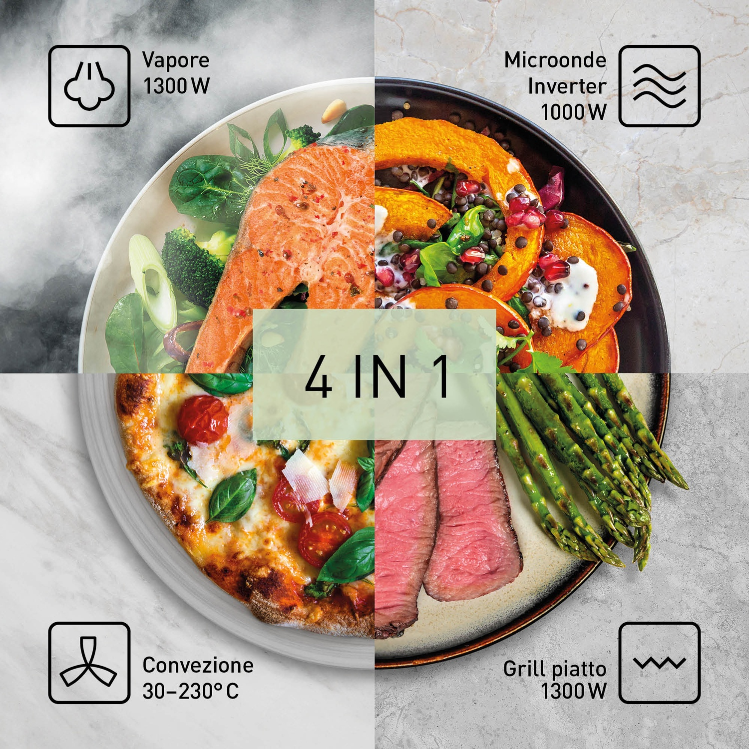 Quattro piatti: salmone con verdure, insalata di zucca, pizza e bistecca con asparagi.