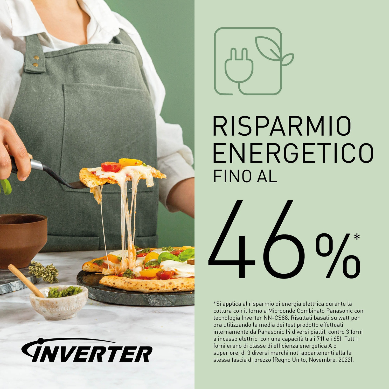 Una persona solleva una fetta di pizza con formaggio filante. A destra, risparmio energetico fino al 46%.