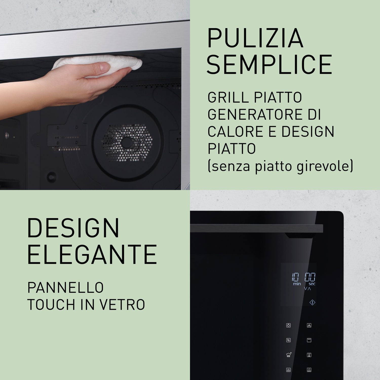 Una mano pulisce l'interno di un forno con ventola e grill.