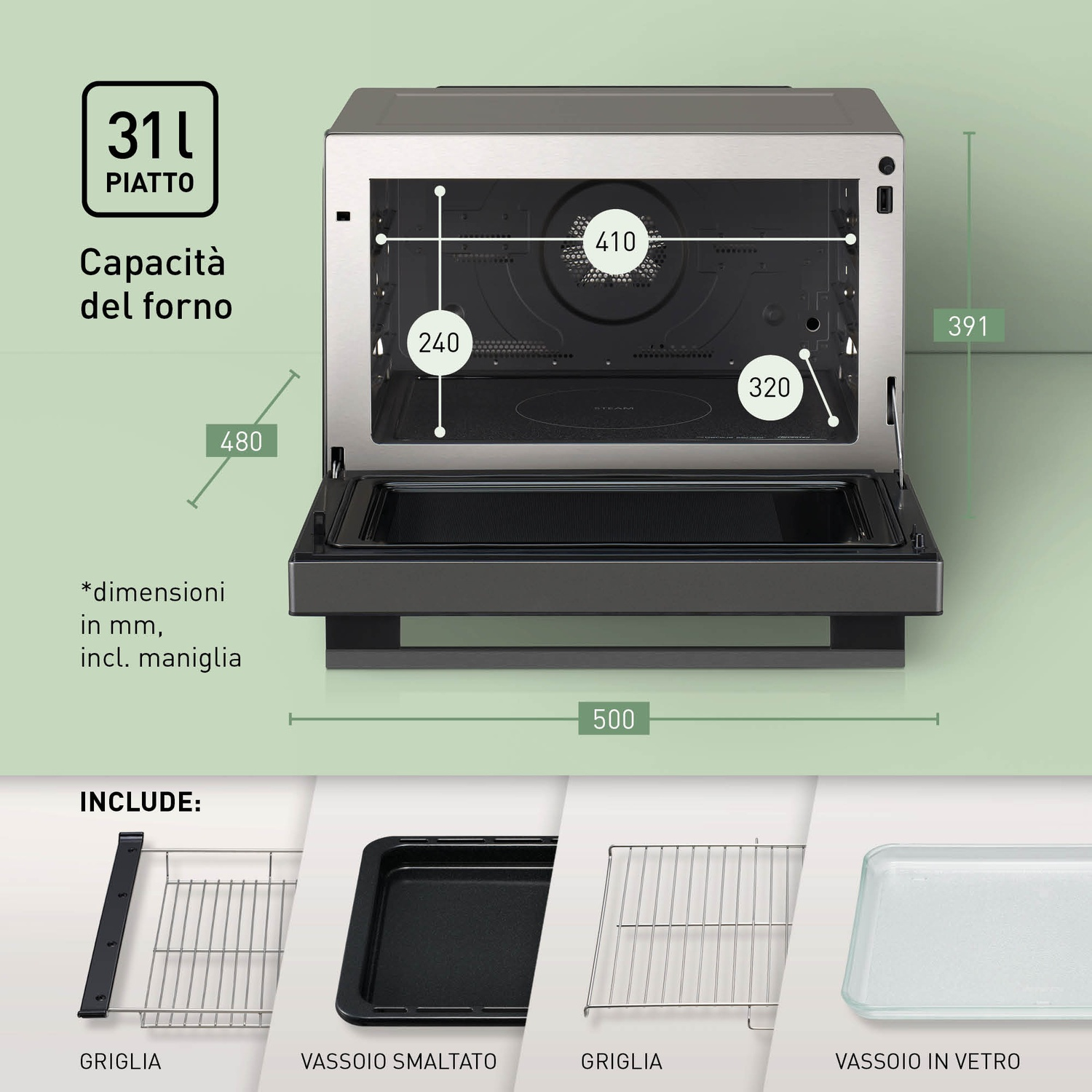 Forno a microonde con dimensioni e accessori: griglia, vassoio smaltato, vassoio vetro.
