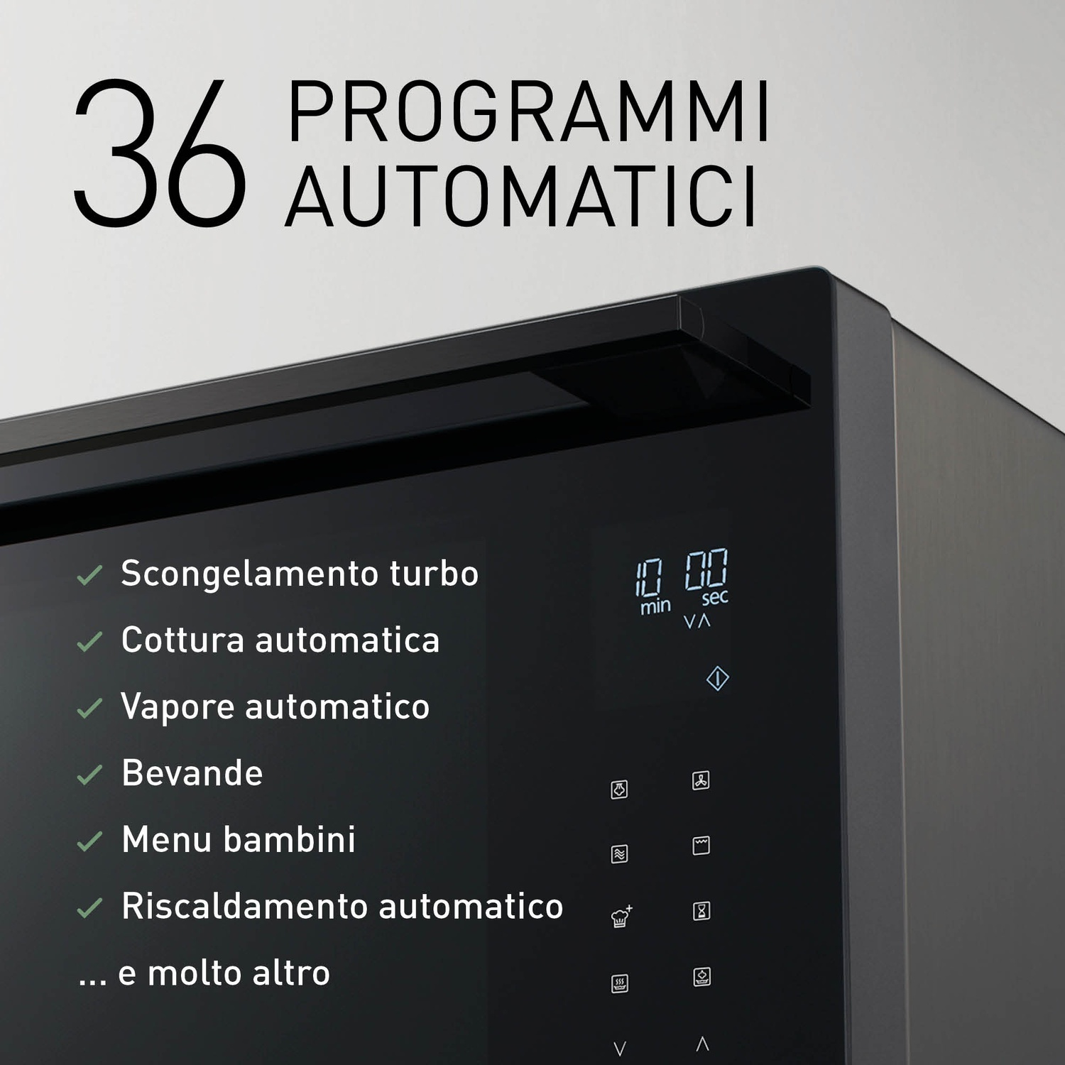 Un pannello di controllo nero mostra 36 programmi automatici e un orologio.