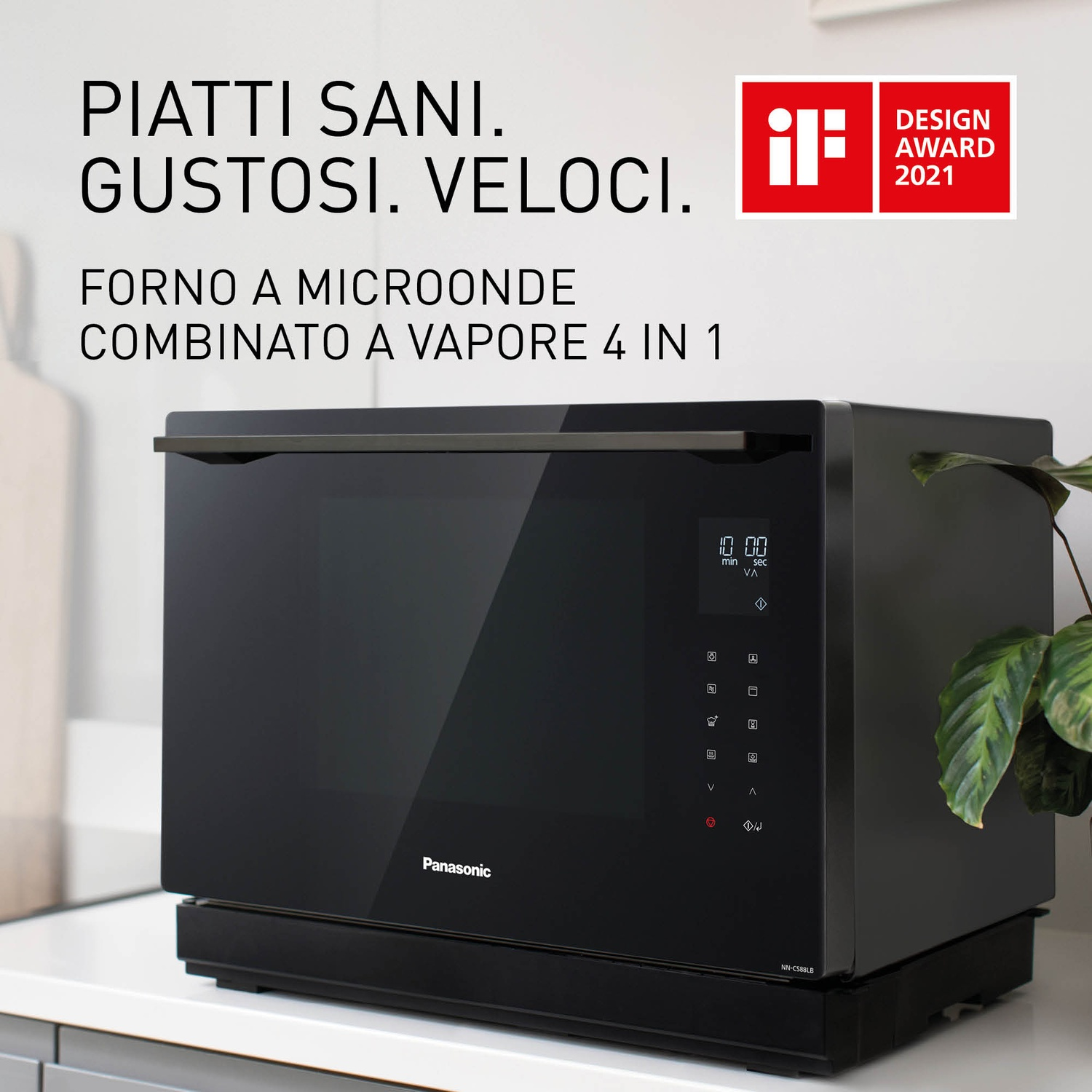 Un forno a microonde combinato a vapore Panasonic nero con touchscreen e iF Design Award.