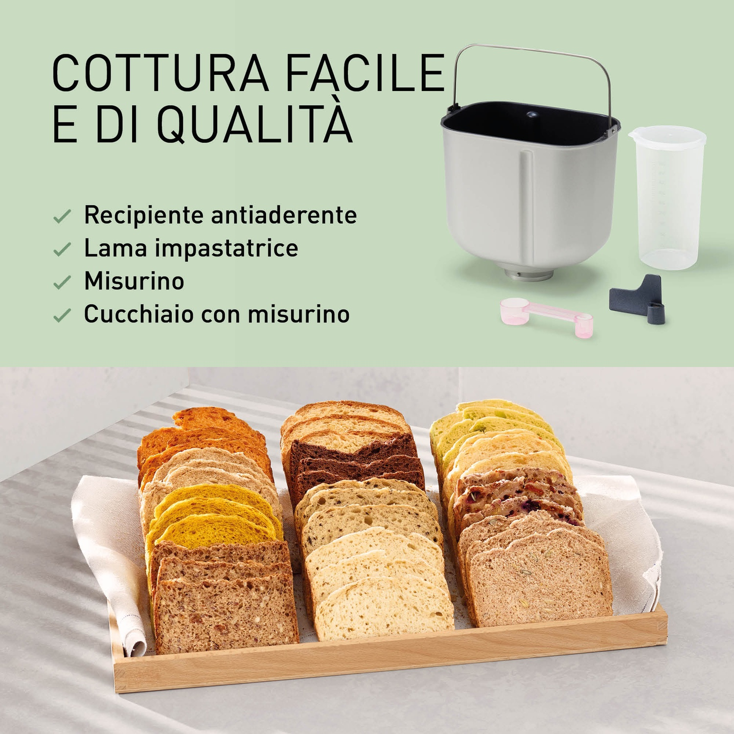 Macchina per il pane con accessori e vari tipi di pane.