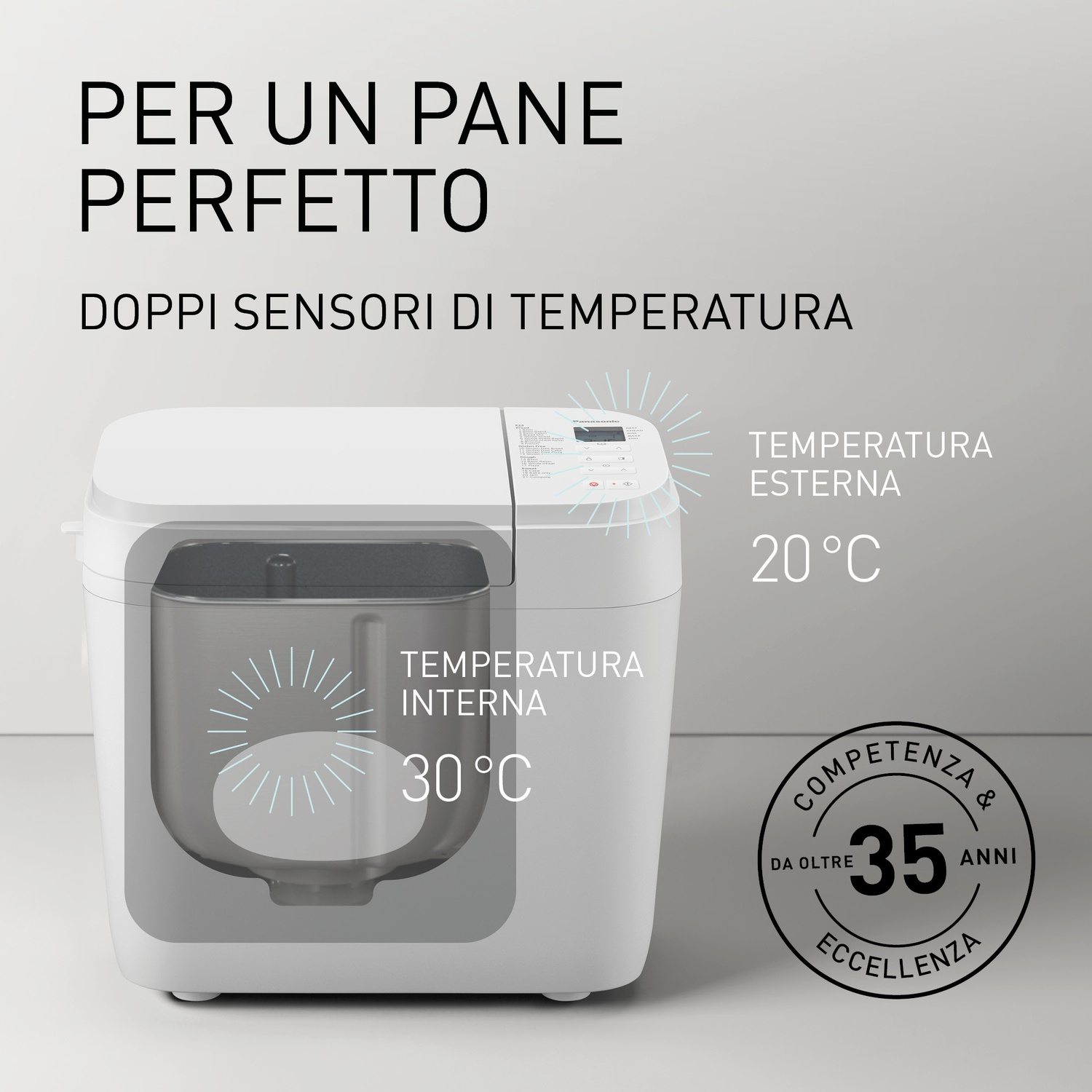 Macchina del pane con doppio sensore di temperatura, 30°C interna, 20°C esterna.
