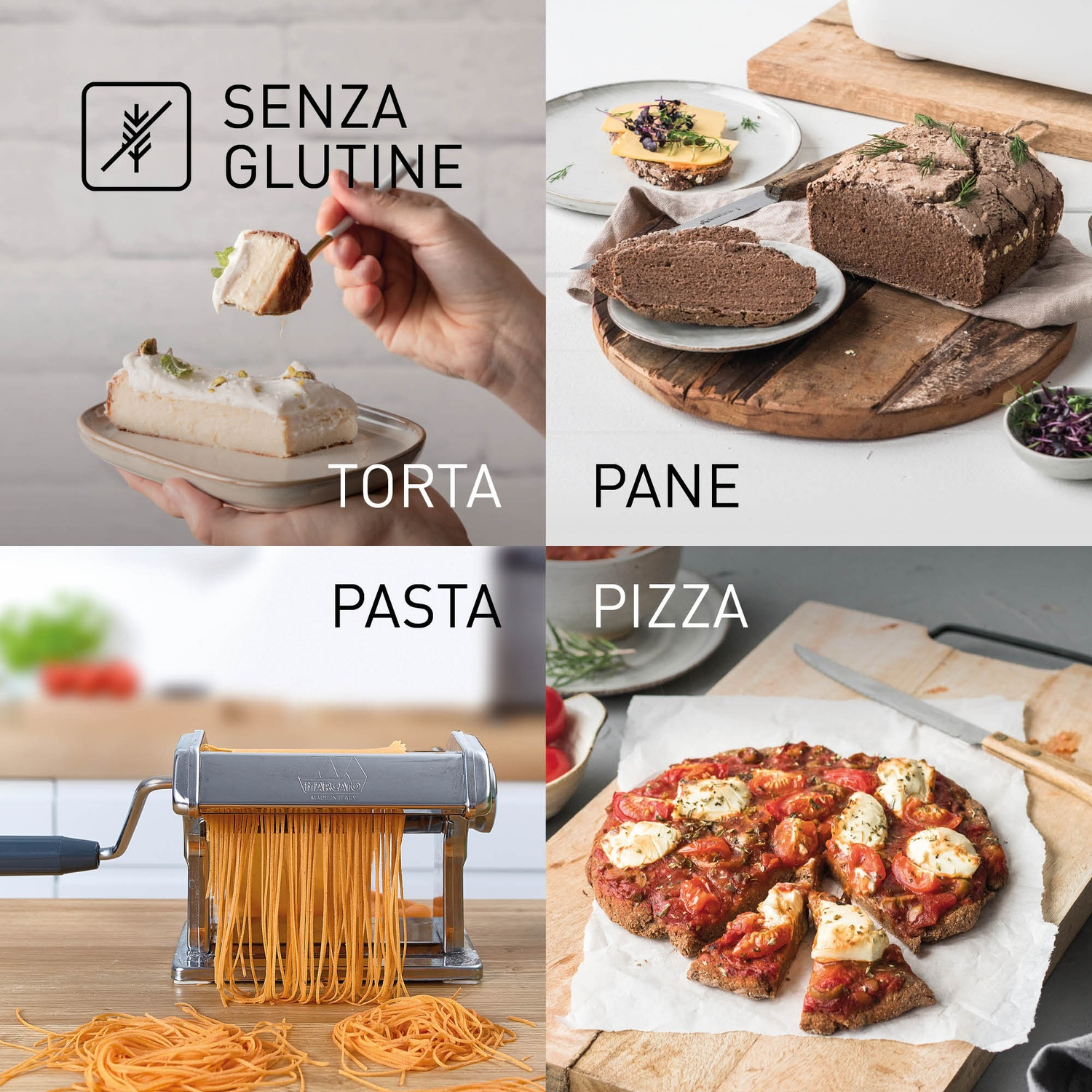 Cibi senza glutine: torta, pane, pasta, pizza e ingredienti.
