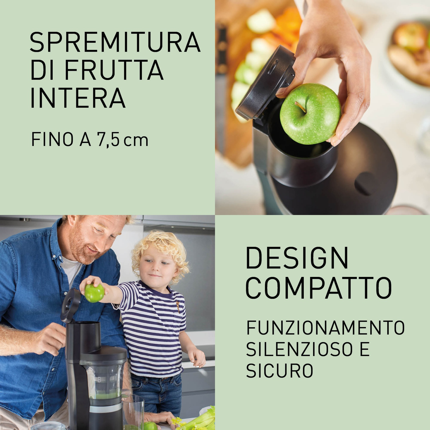 Uomo e bambino spremono mela. Testo sull'estrattore.