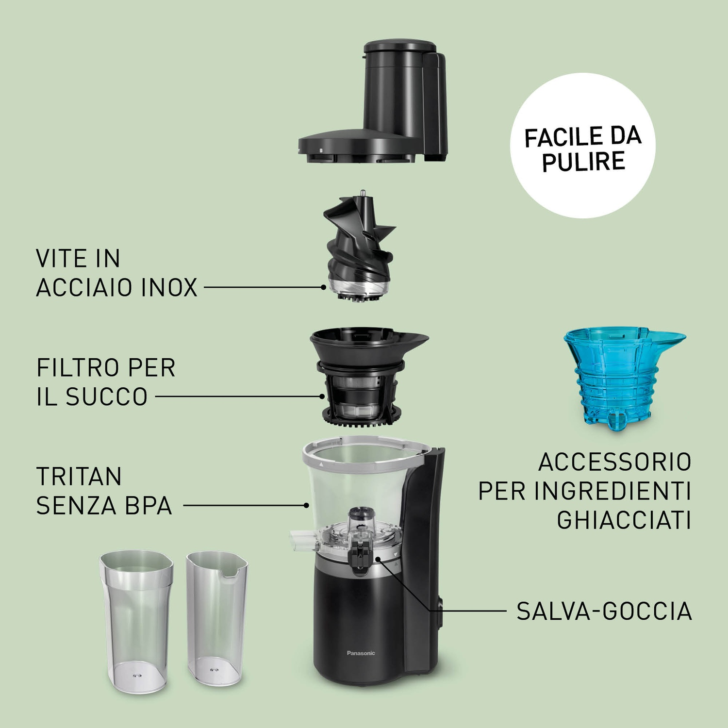 Parti spremiagrumi: vite acciaio inox, filtro succo, contenitore Tritan.
