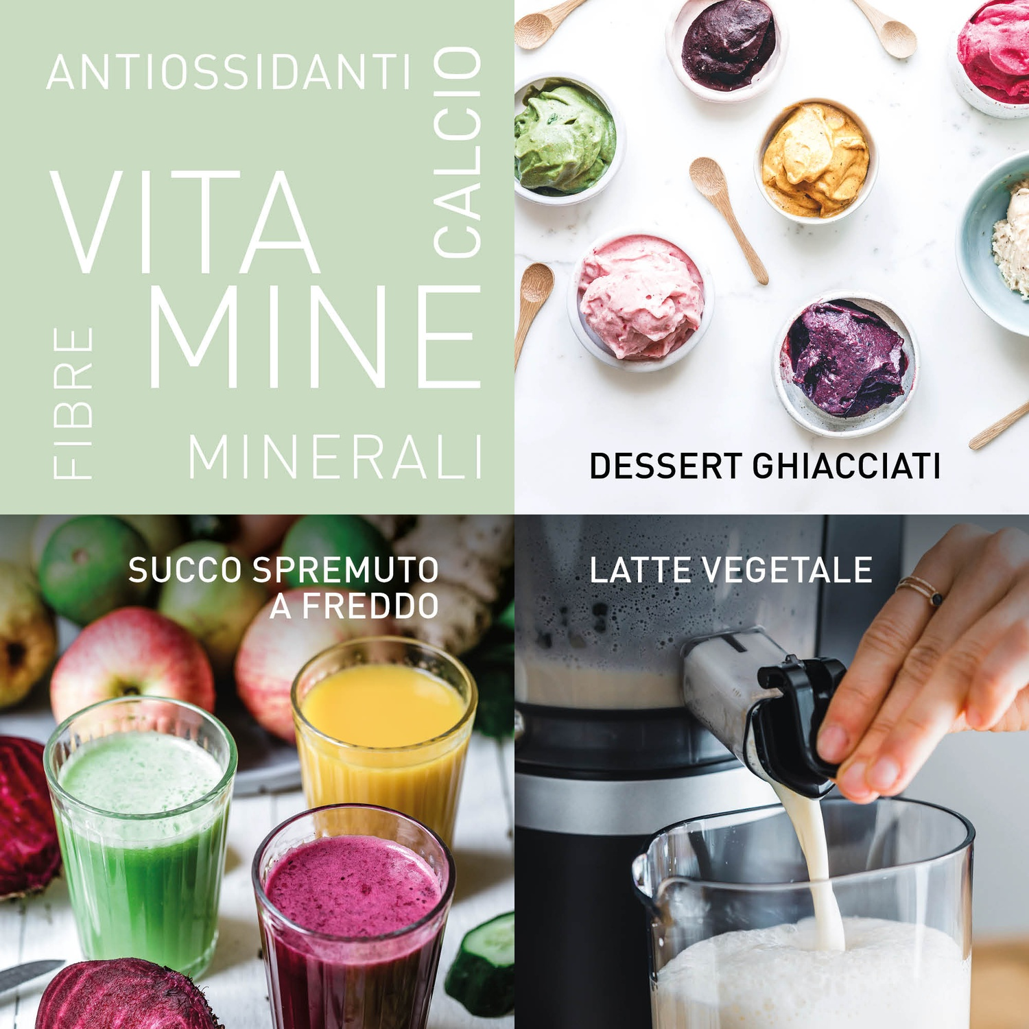 Quattro tipi di collagene: dolci ghiacciati, succo, verdure e latte vegetale.