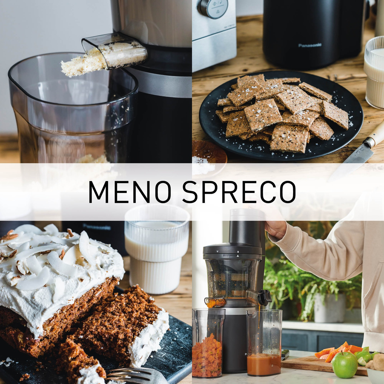 Collage con spremiagrumi, torta, cracker e ingredienti.