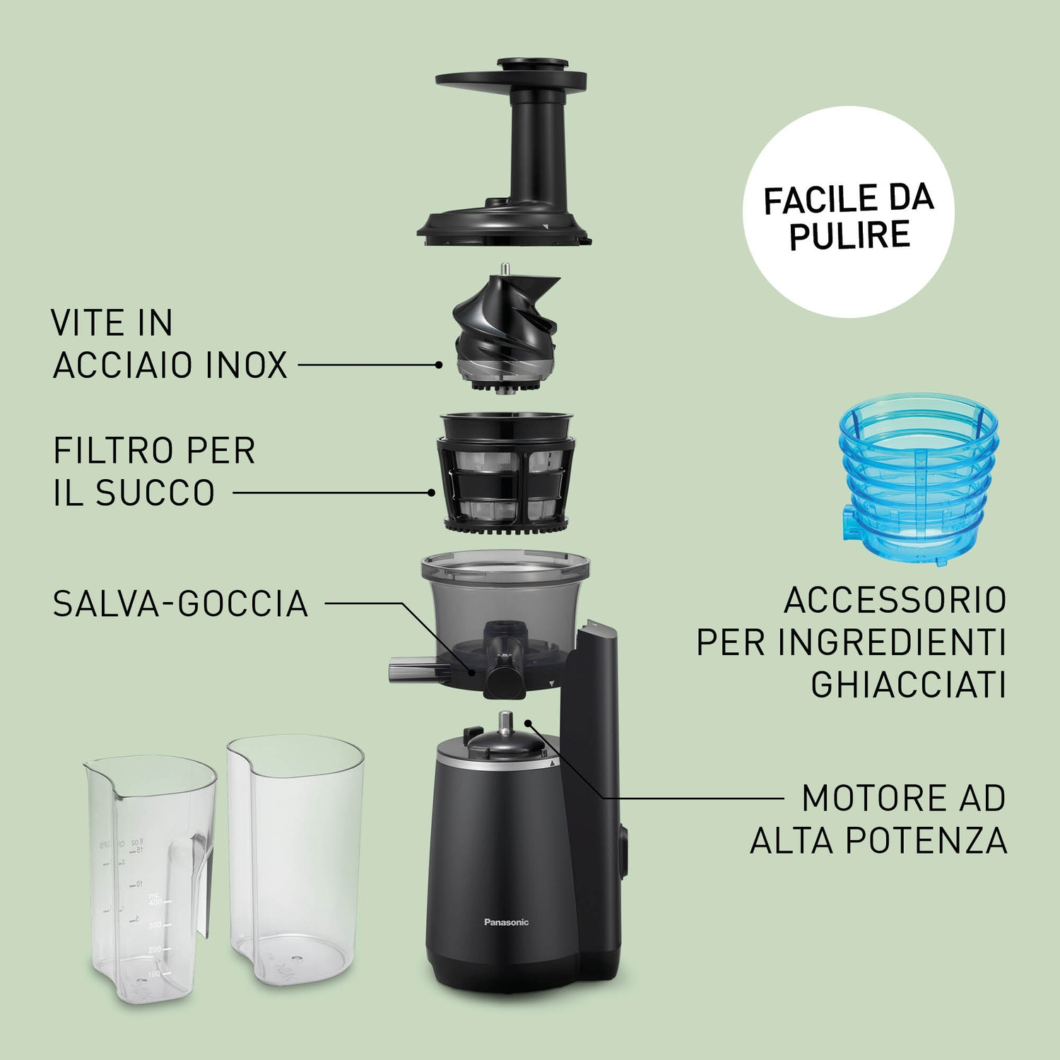 Parti spremiagrumi: vite inox, filtro succo, salva-goccia, bicchieri graduati, accessorio.