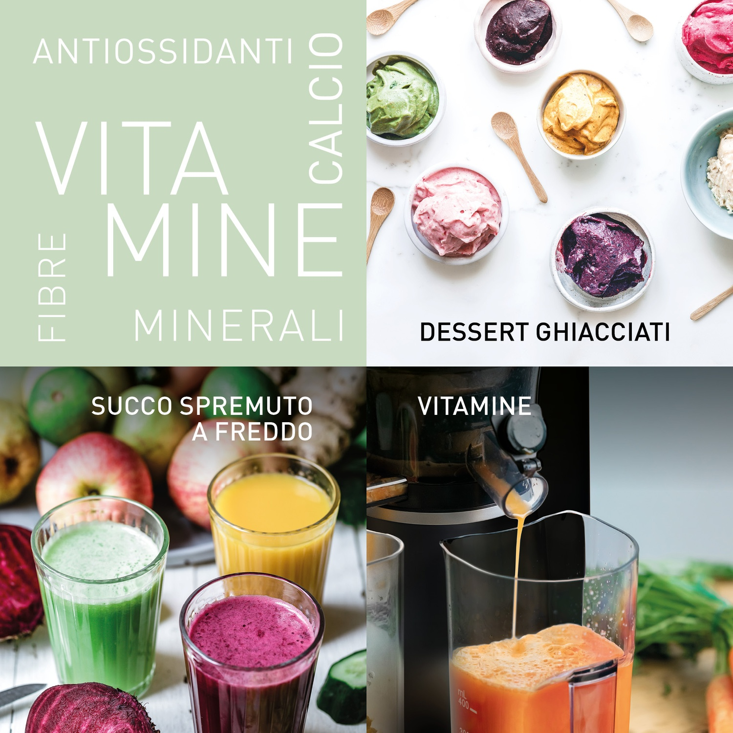 Collage di cibi sani: frutta, verdura, succhi e dessert ghiacciati.