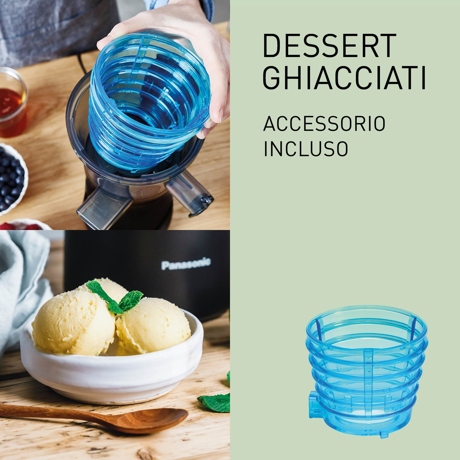 Un accessorio blu per dessert ghiacciati è tenuto sopra un estrattore. Accanto, una ciotola di gelato.