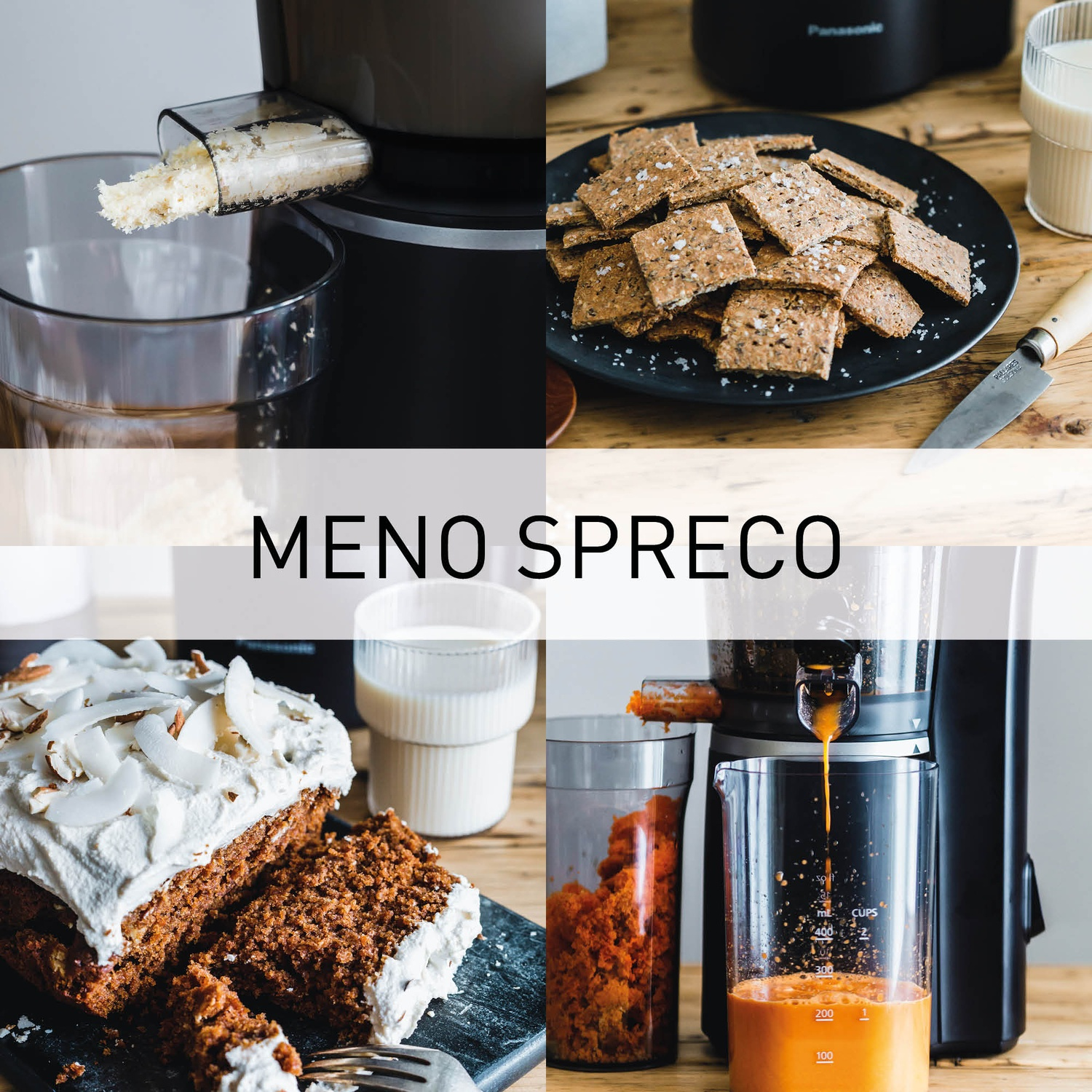 Collage a quattro pannelli: spremiagrumi con zenzero, biscotti, torta e succo di carota.