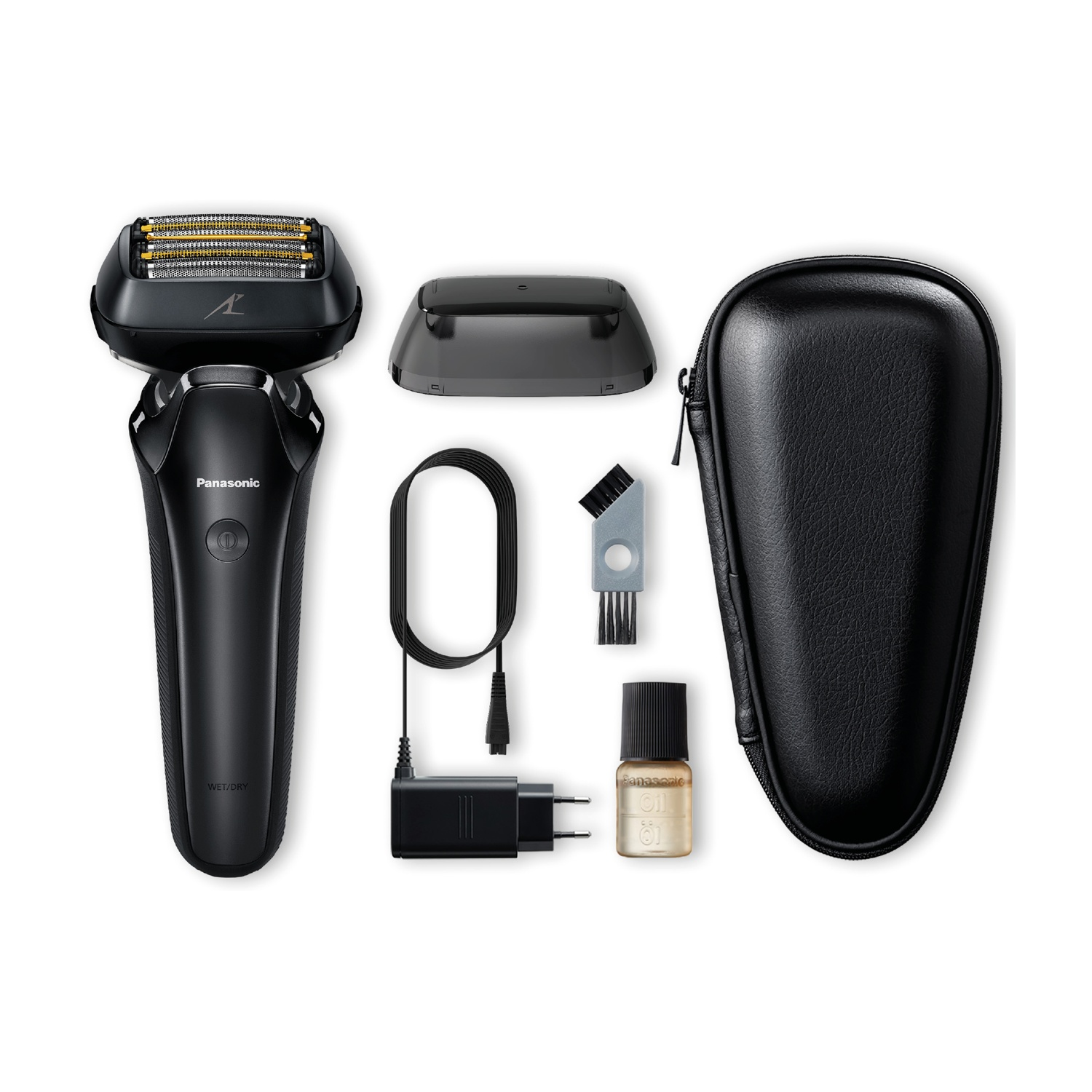 Un rasoio Panasonic nero con accessori: caricabatterie, cappuccio, olio, spazzola e custodia.