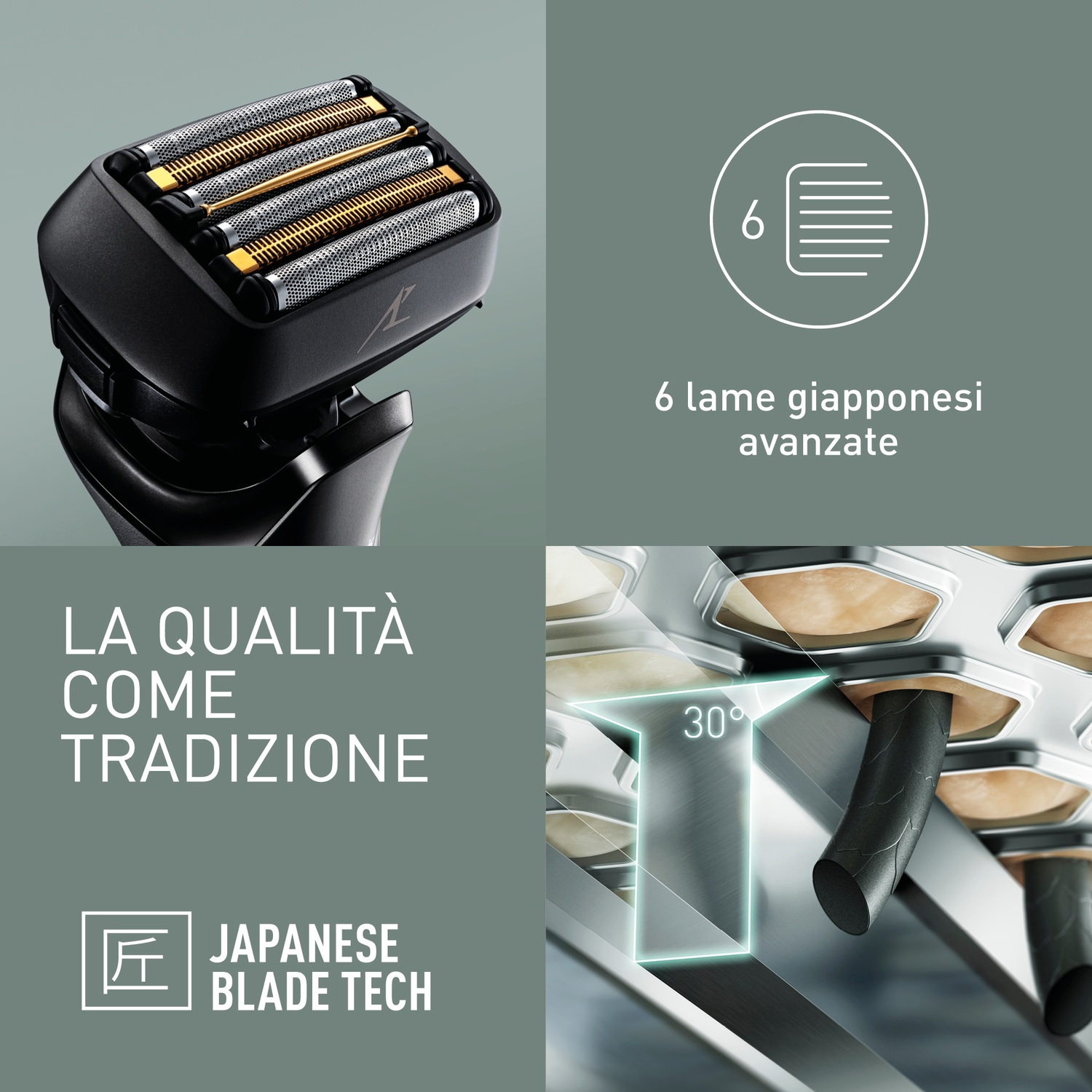 Primo piano di una testina di rasoio con sei lame e tecnologia giapponese.