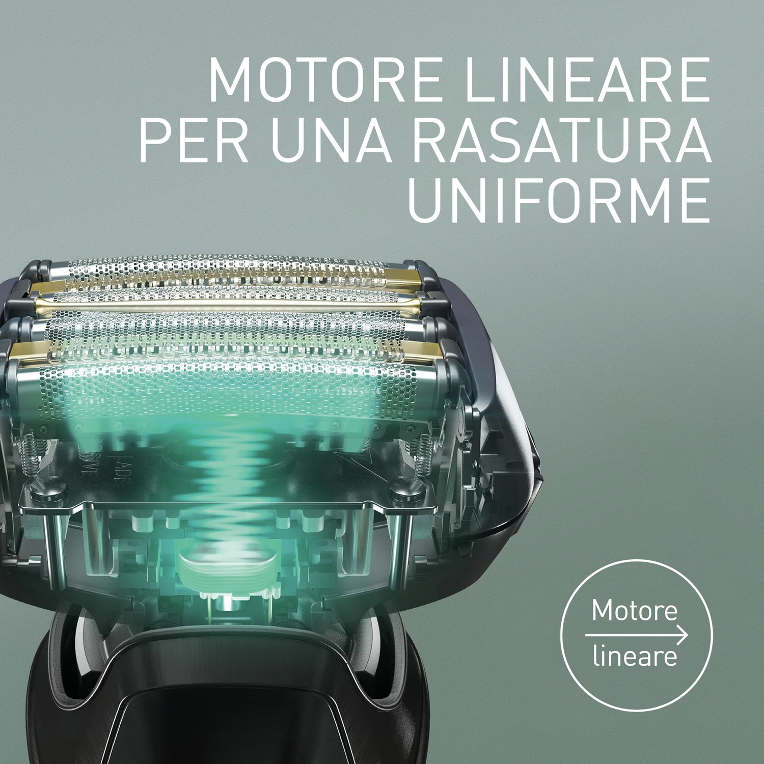 Testina di rasoio fluttuante con lame argentate e illuminazione verde.