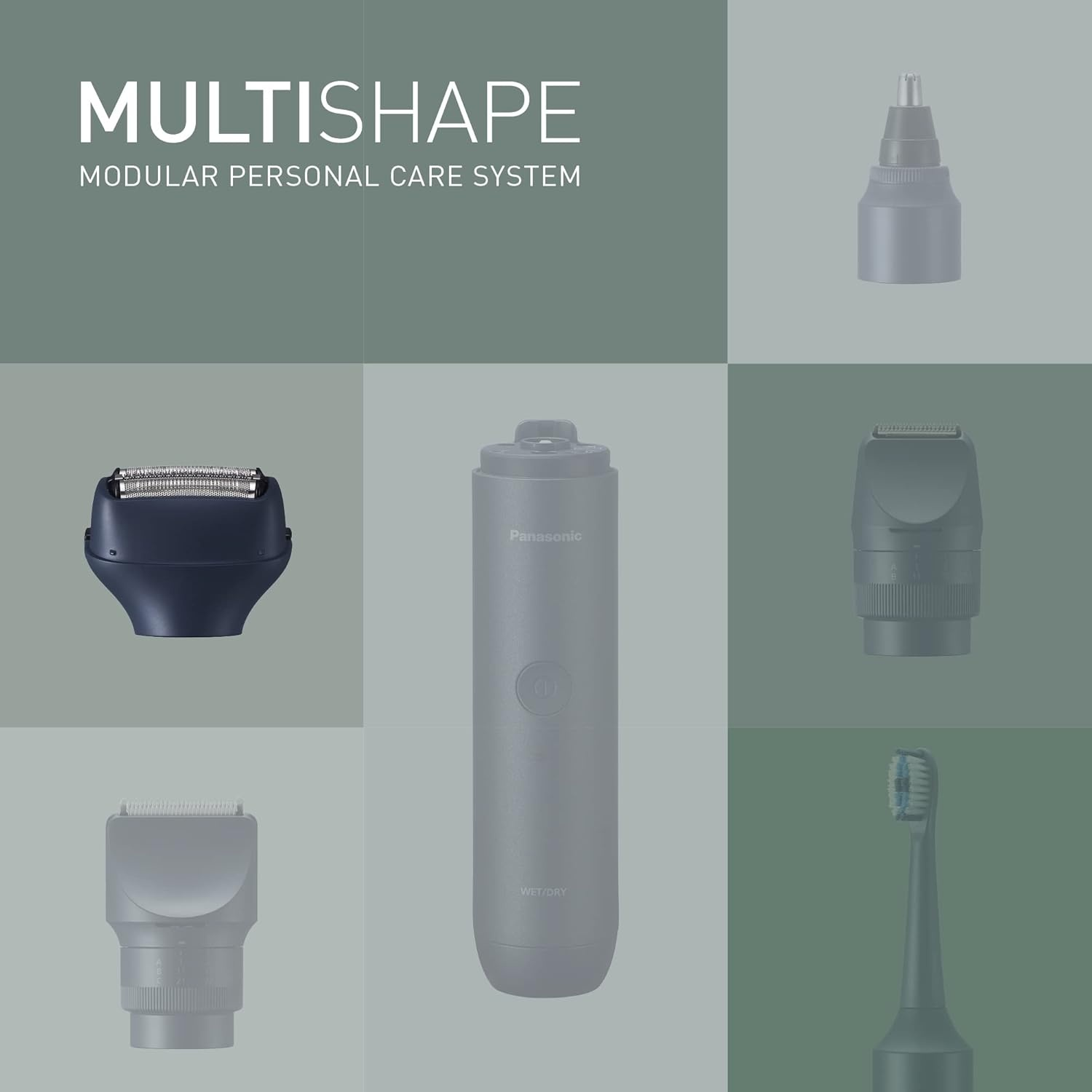 Panasonic Multishape: Rasoio, rifinitore naso, spazzola e manico.