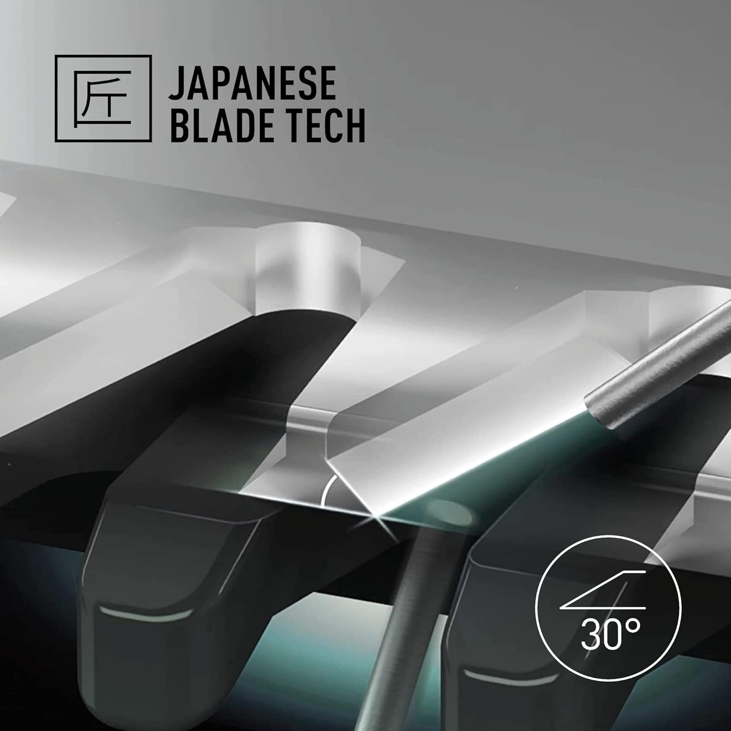 Primo piano di lame con testo 'JAPANESE BLADE TECH' e indicatore di angolo di 30°.