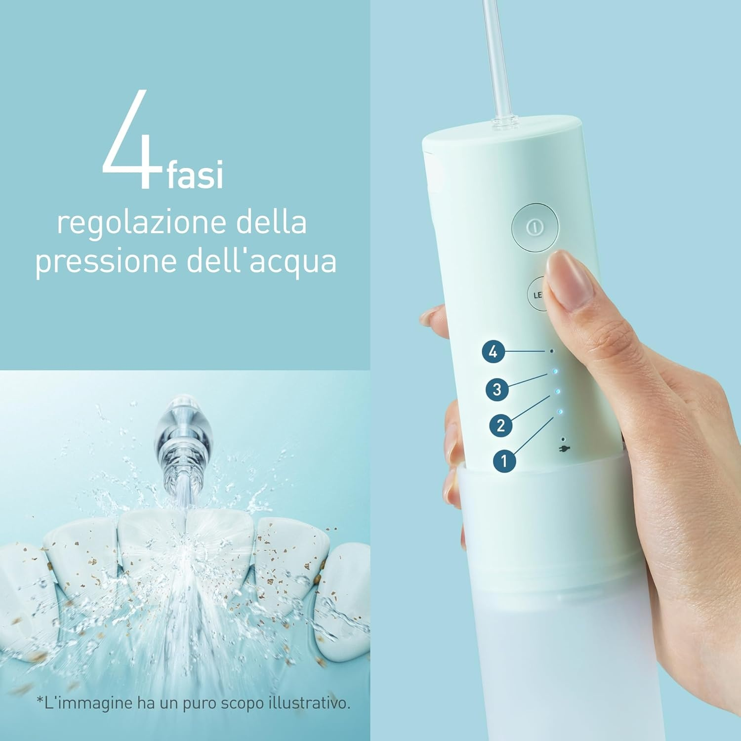 Un idropulsore con 4 livelli di pressione, puntato sui denti.