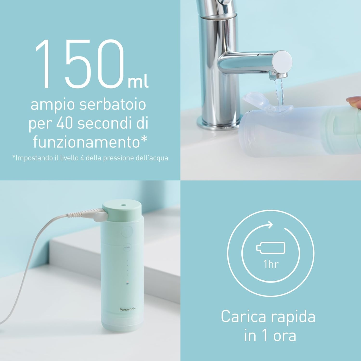 Info prodotto: serbatoio 150ml, 40s di autonomia, carica rapida 1h.