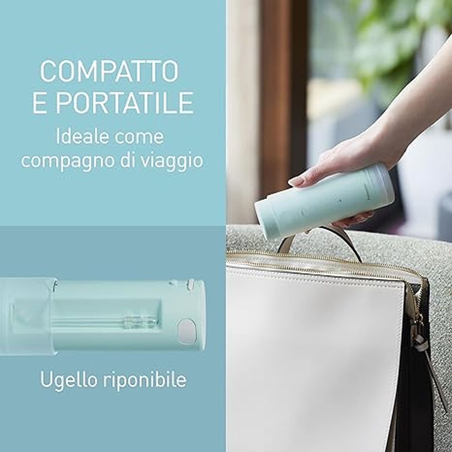 Una mano tiene una piccola bottiglia verde chiaro sopra una borsa bianca.