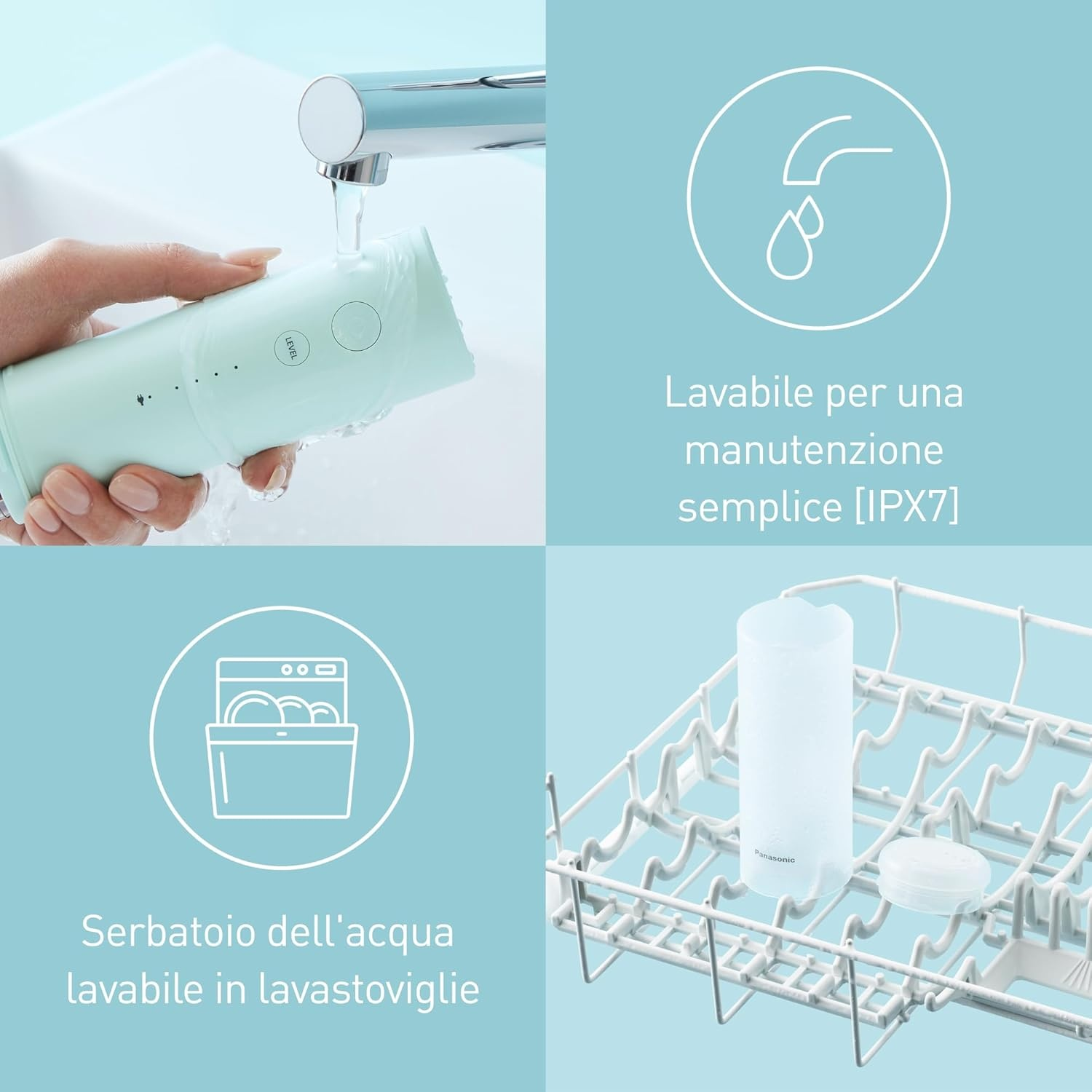 Un dispositivo viene lavato sotto acqua corrente. Parte in scolapiatti. IPX7.
