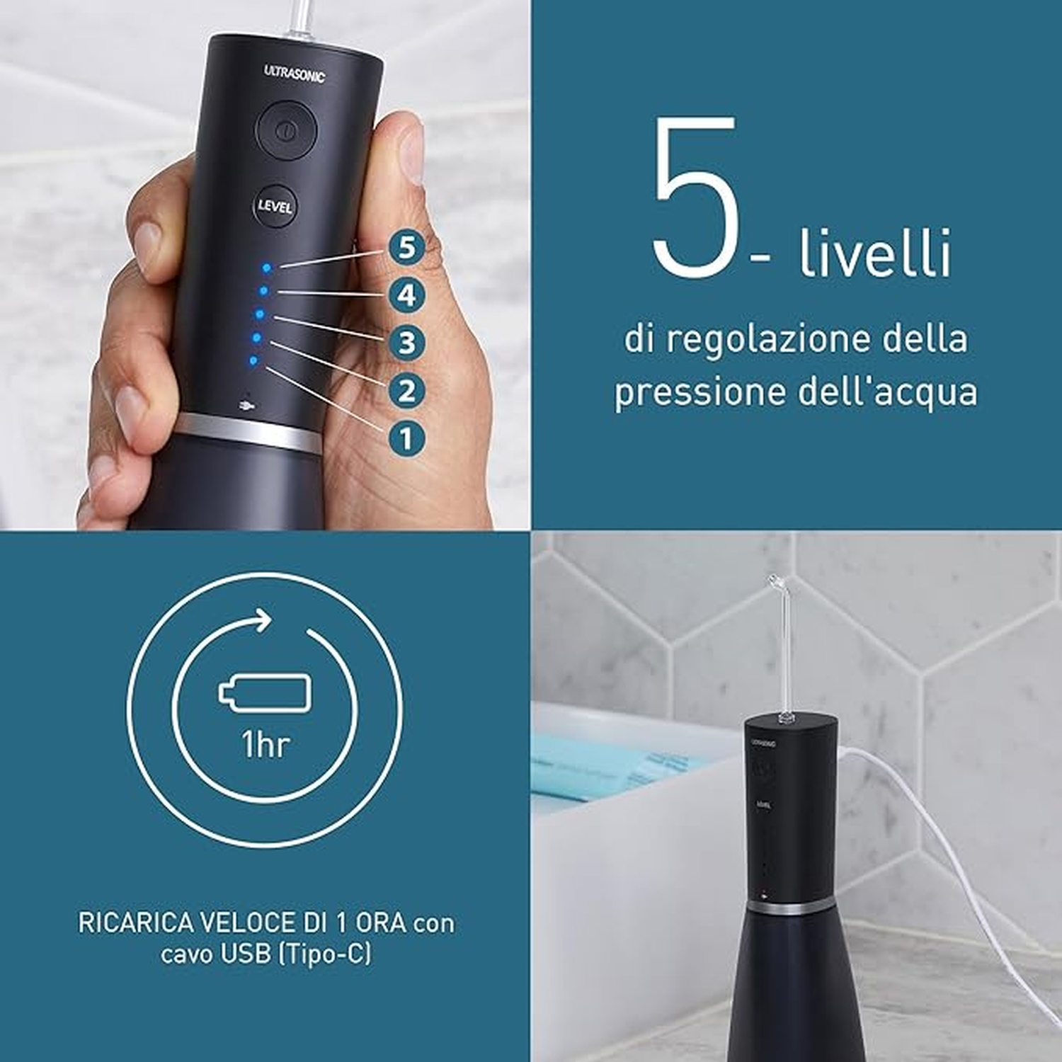 Un idropulsore nero con 5 livelli di pressione e ricarica rapida di 1 ora.